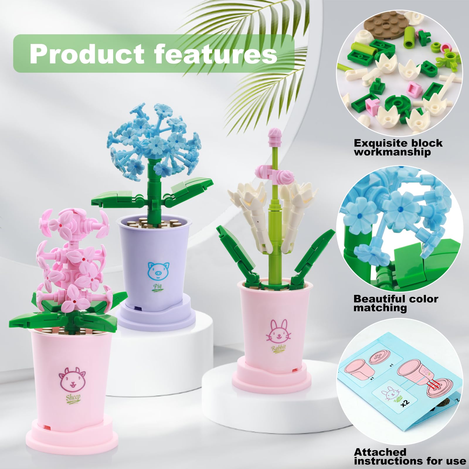3 sztuki kwiatów, sukulentów bonsai, zestaw klocków, mini kwiaty, dekoracja botaniczna, dekoracja pokoju