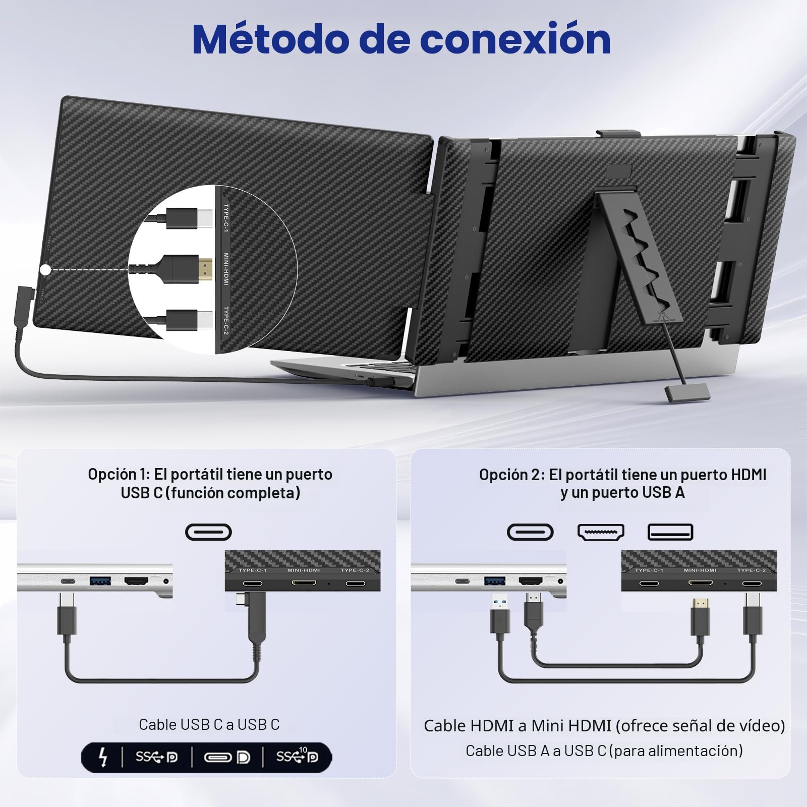 Monitor Portatil - 14” FHD 1080P IPS Extensor Pantalla Portatil, Doble Pantalla para Portatil para Laptops 13-17.3", Plug & Play para Windows/Mac/Android/Switch/PS5 con Puerto USB C/HDMI