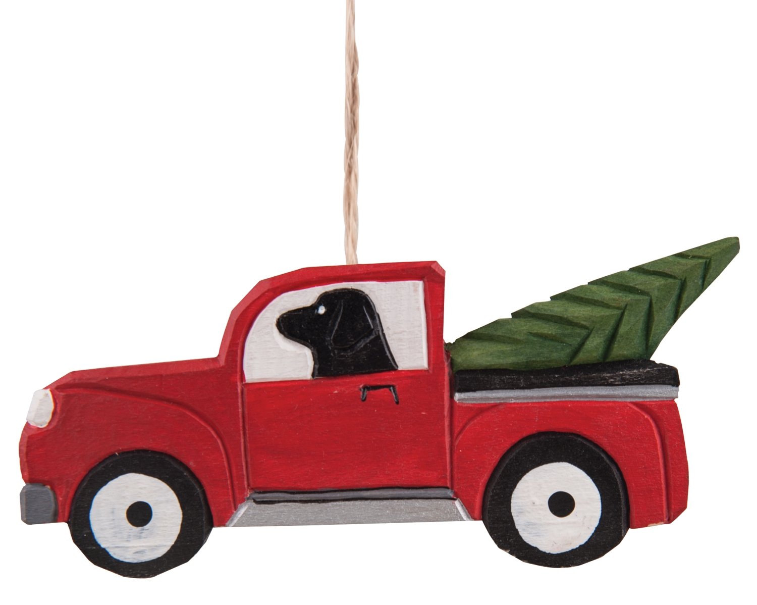 GALLERIE IIBlack Lab in Pickup Truck with Christmas Xmas Tree Wood Carved Ornament Red