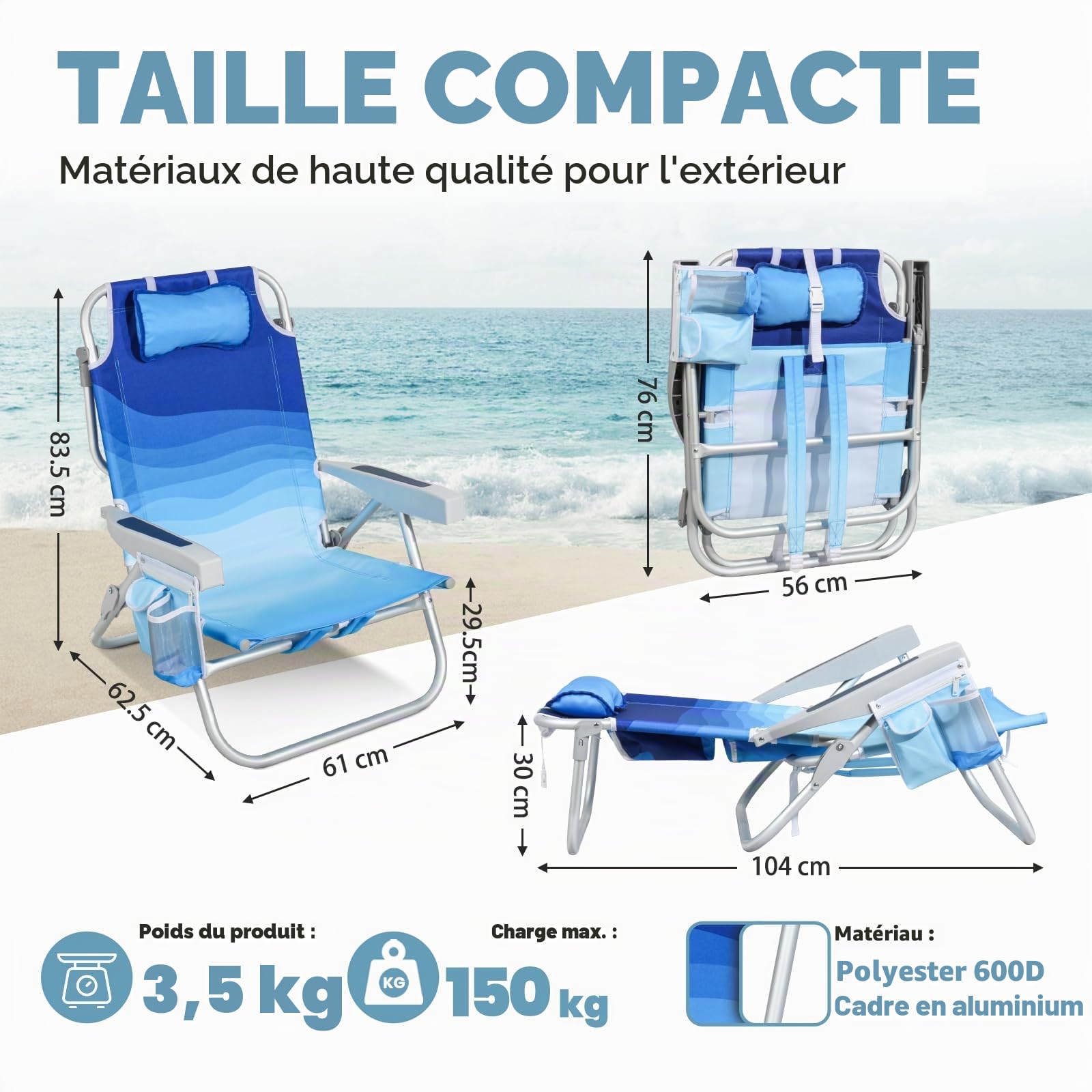 Homecall Chaise de plage pliable légère - Dossier réglable sur 5 niveaux - Fauteuil de plage pliable jusqu'à 136 kg - Pour la plage, l'extérieur (basse, vague bleue, 1 pièce)