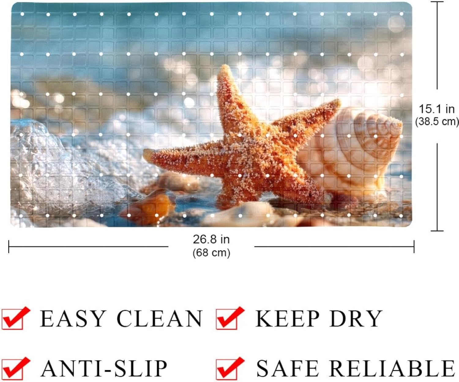 Starfish and Seashell on The Summer Beach in Sea Water Bath Tub and Shower Mats, Non Slip Bathmat with Drain Holes and Suction Cups for Bathroom Floor, 15.1 x 26.8 Inch