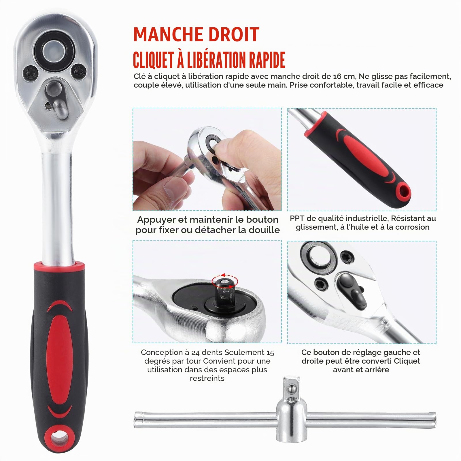 46pcs kit de clé à douille, kit de clé à cliquet, kit de clé à cliquet à douille métrique, outil de réparation de voiture à tête de tournevis 1/4 "(noir)