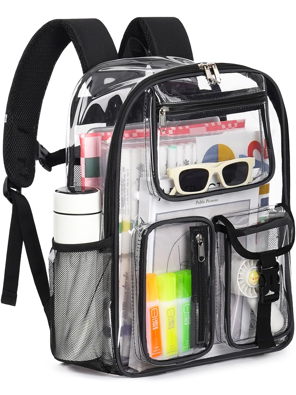 QOECI Heavy Duty Clear Backpack For School, 17 Inch Large Clear Bookbag For Kids Boys Girls Women Men, 360° 3M Reflective Strips See Through Backpack,