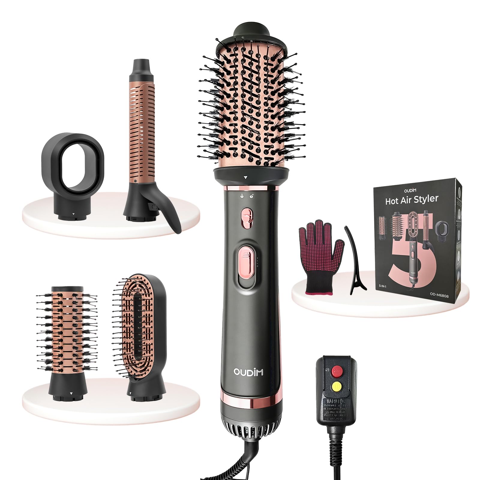 OUDIM 5-in-1 Hot Air Styler & Hair Dryer Brush, 1200W Ionic Multi-Styler for Fast Drying, Smooth Blowouts, Volumizing & Curling, 5 Attachments, 3 Heat Settings, Black/Rose Gold