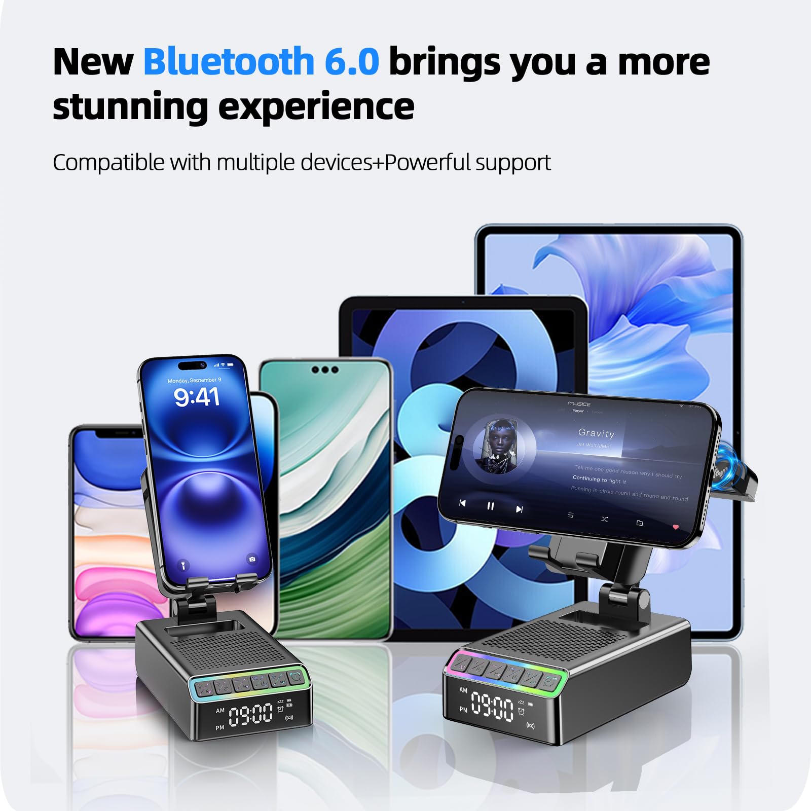 Altavoz Bluetooth con soporte para teléfono móvil, 9 en 1, caja de música Bluetooth 6.0 (horizontal/vertical), soporte de inducción, estéreo envolvente, despertador/luz nocturna, regalo para hombres y