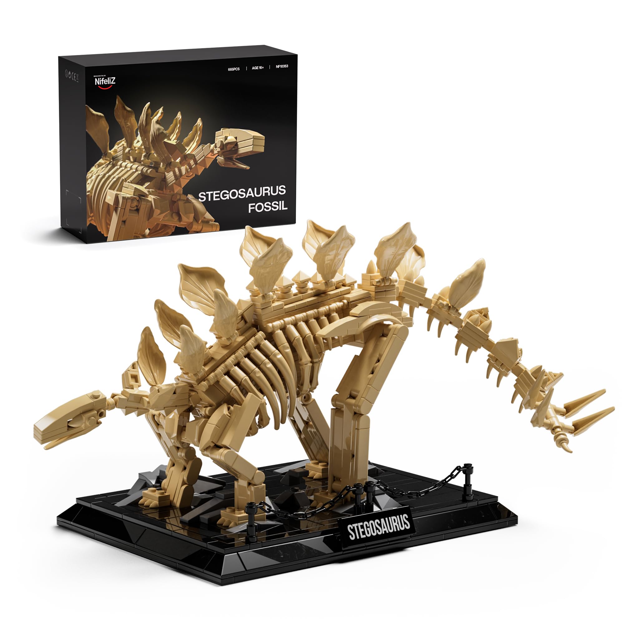 Nifeliz Stegosaurus Rex Fossilien Klemmbausteine, Skelett Dinosaurier Tierdekoration Modellbausatz Artikel und Dekoration, eine ideale Geschenkidee für Erwachsene (665 Teile, NF10353) | Dinosaurier-Skelett-Modell mit Display-Basis für Erwachsene, ideales