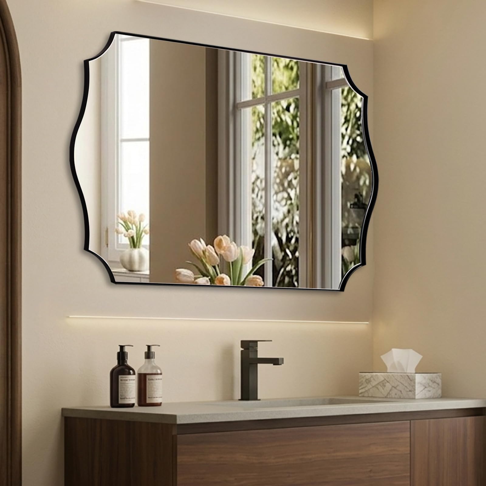Photo 1 of ANDY STAR 36"x48" Large Bathroom Mirror, Black Vanity Mirror for Bathroom Sink, Scalloped Mirror in Premium Stainless Steel Thin Frame, Elegant Curved Scallop Design, Ideal for Home Remodel