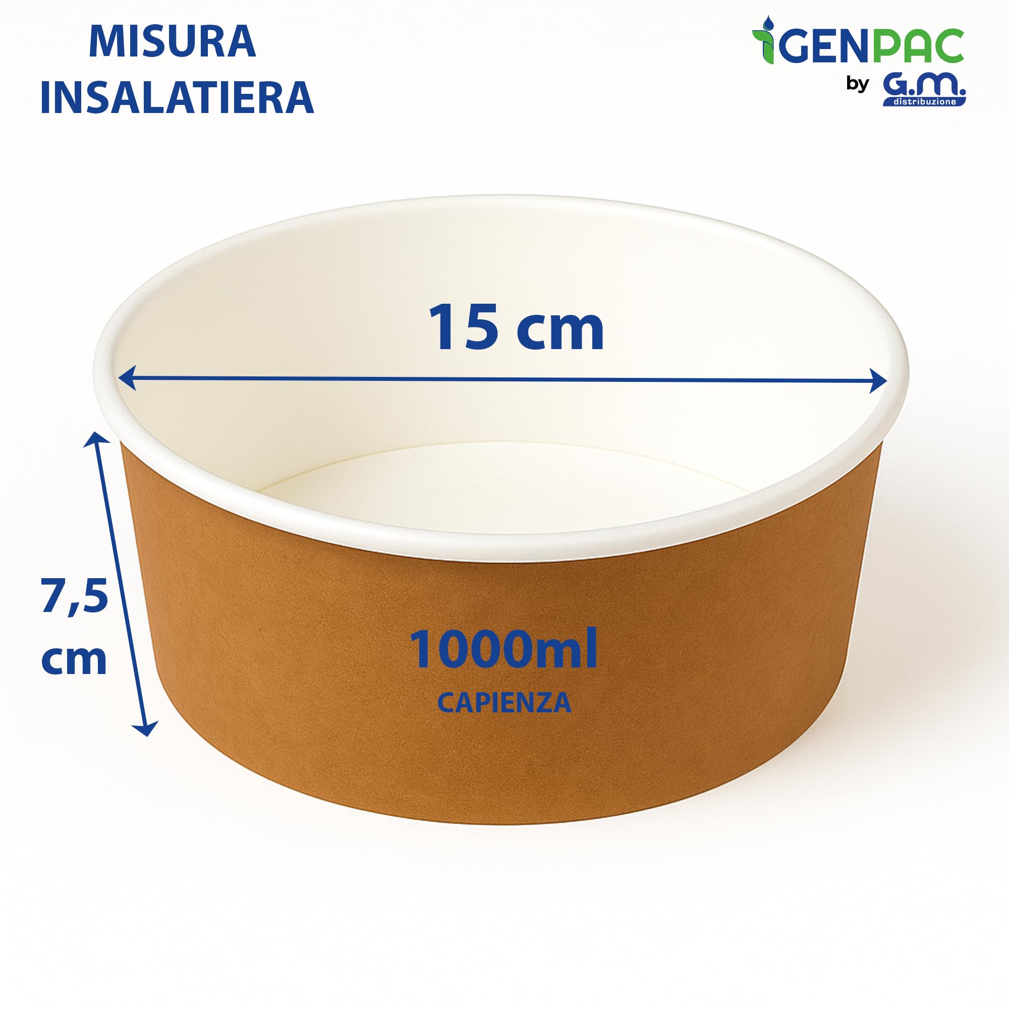 Contenitori Alimentari GM 50 Insalatiere Carta Avana 1000 ml Coperchio Trasparente Diametro 15 cm