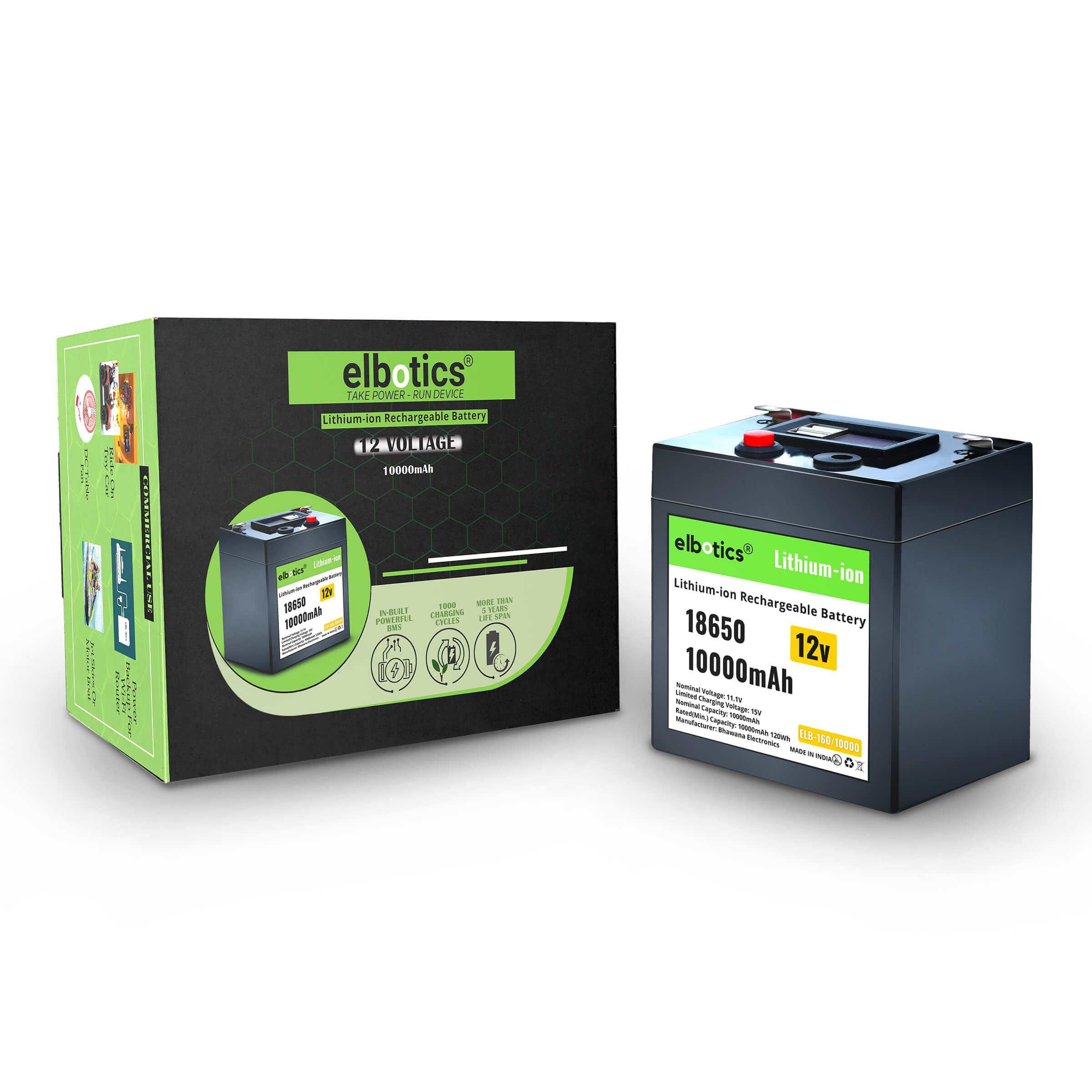 ELBOTICS®12V 10000mAh NMC Rechargeable Lithium Battery with 1000+ Deep Cycle and BMS Protection for Motorhomes, Golf Carts, Lawn Mowers, Solar Panels, Camping, Dc Fan, Mobile Power Backup, IoT Device.