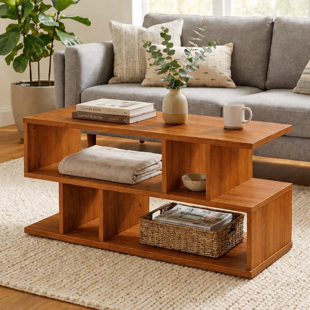 FURLAY Zentro Woodland Coffee Table for Living Room, Modern Engineered Wood Center Table with Multi-Level Open Storage Shelves, 90 x 40 x 40 cm (FWCT2-Woodland)