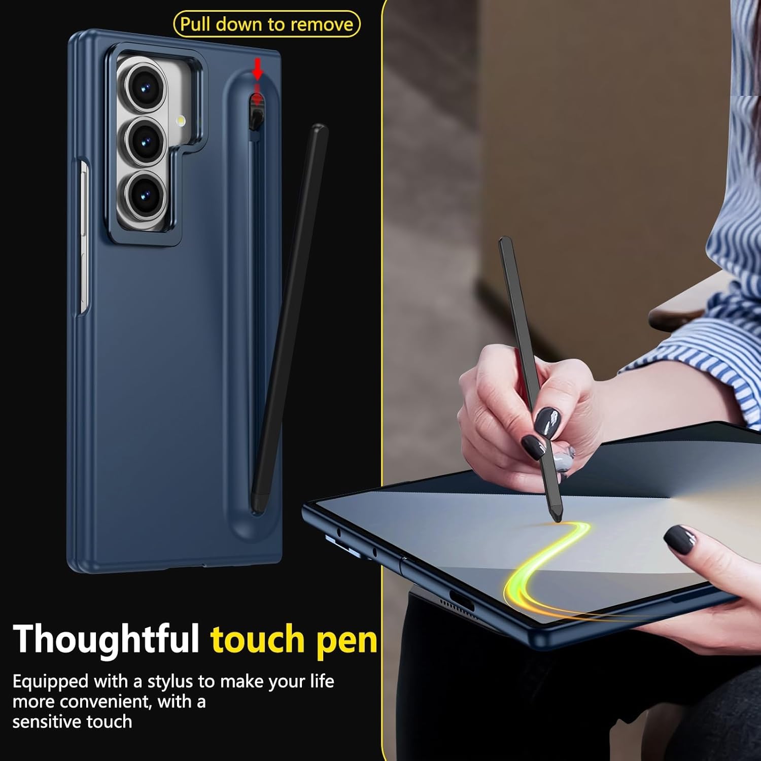 Smartphone Flip Cover Camera Stand Compatible with Samsung Galaxy Z Fold 7 Case with Built-in New Compact S Pen Slot, Case with Screen Protector Folding Series Protective Cover W/Regular Stylus(Blue)