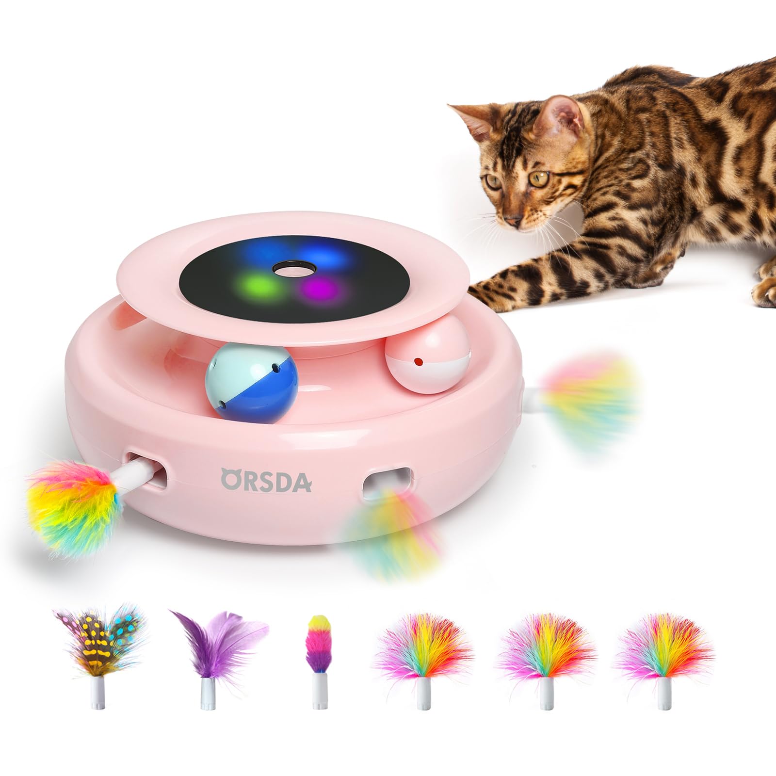 ORSDA Cat Toys 2-in-1 Interactive Cat Toys for Indoor Cats, Automatic Cat Toy Balls, Ambush Feather Kitten Toys with 6pcs Attachments, Dual Power