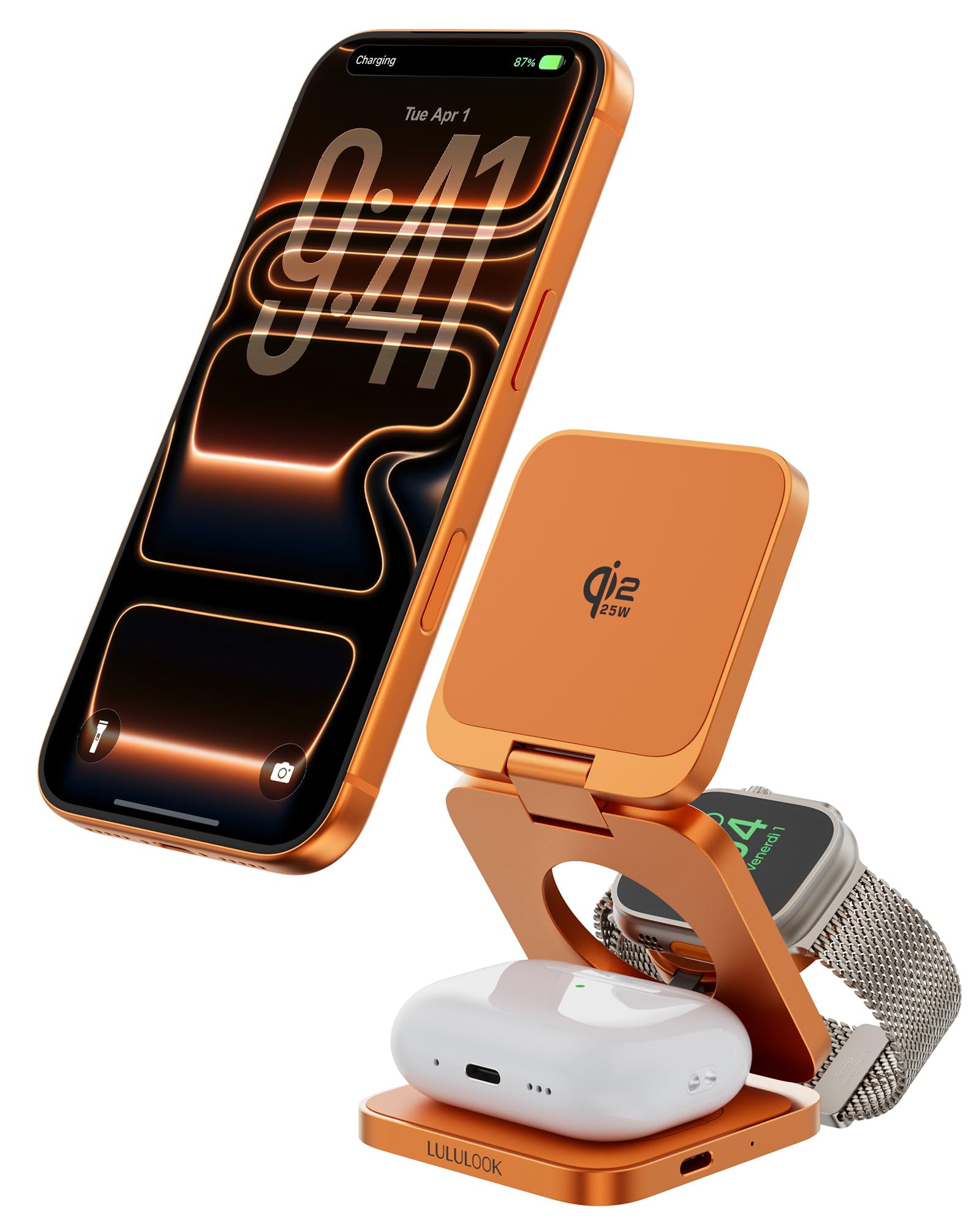 LULULOOK Ultra Kompakt Qi2.2 25W 3 in 1 Ladestation, Faltbar Reise MagSafe Ladegerät für iPhone 17/16, 5W für Apple Watch und AirPods, Alle Aluminium Design mit 45W GaN Netzteil, Orange