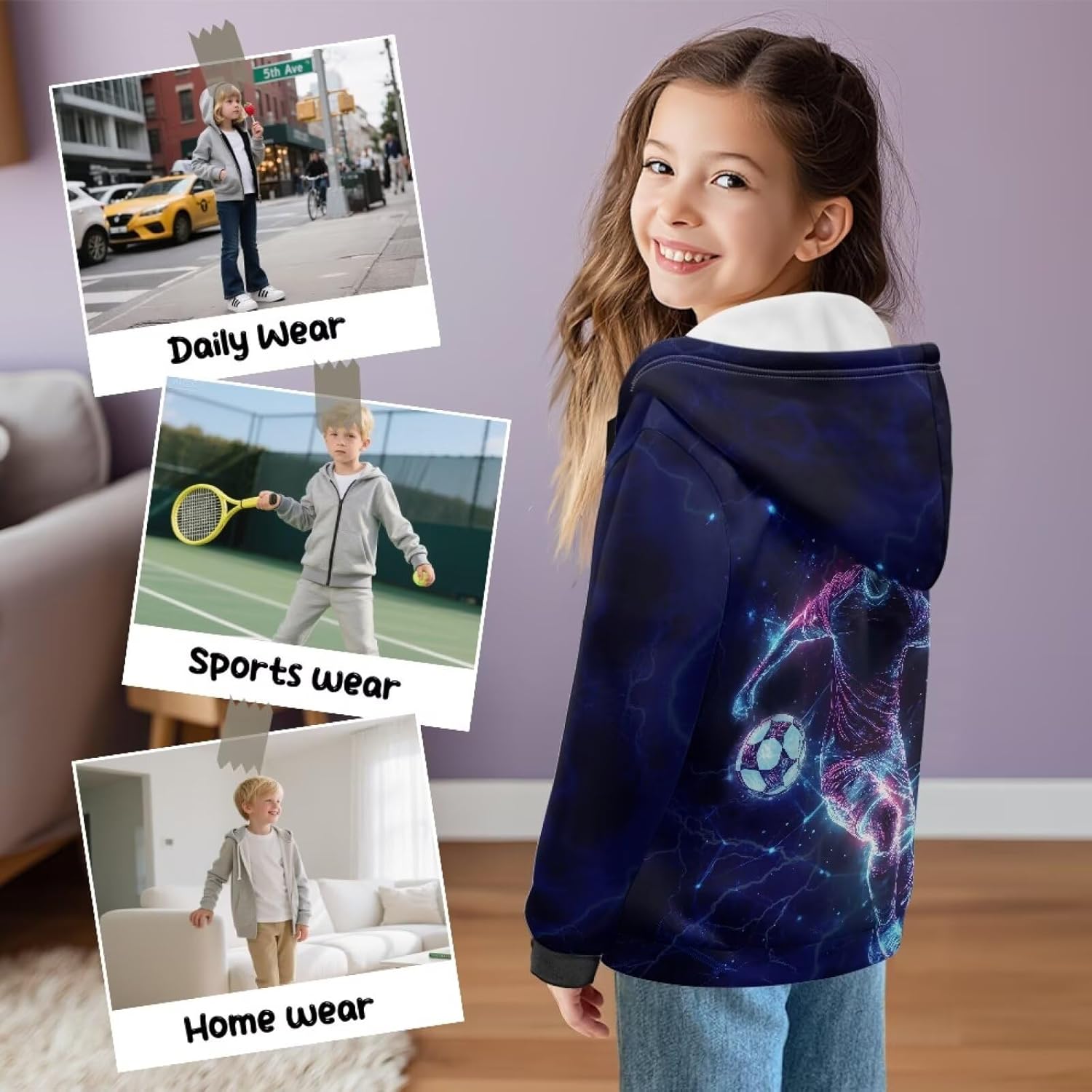 6-16 Years Boys Girls Zip Up Hoodies Sweatshirts 3D Printed Cute Pullover Jacket with Pockets
