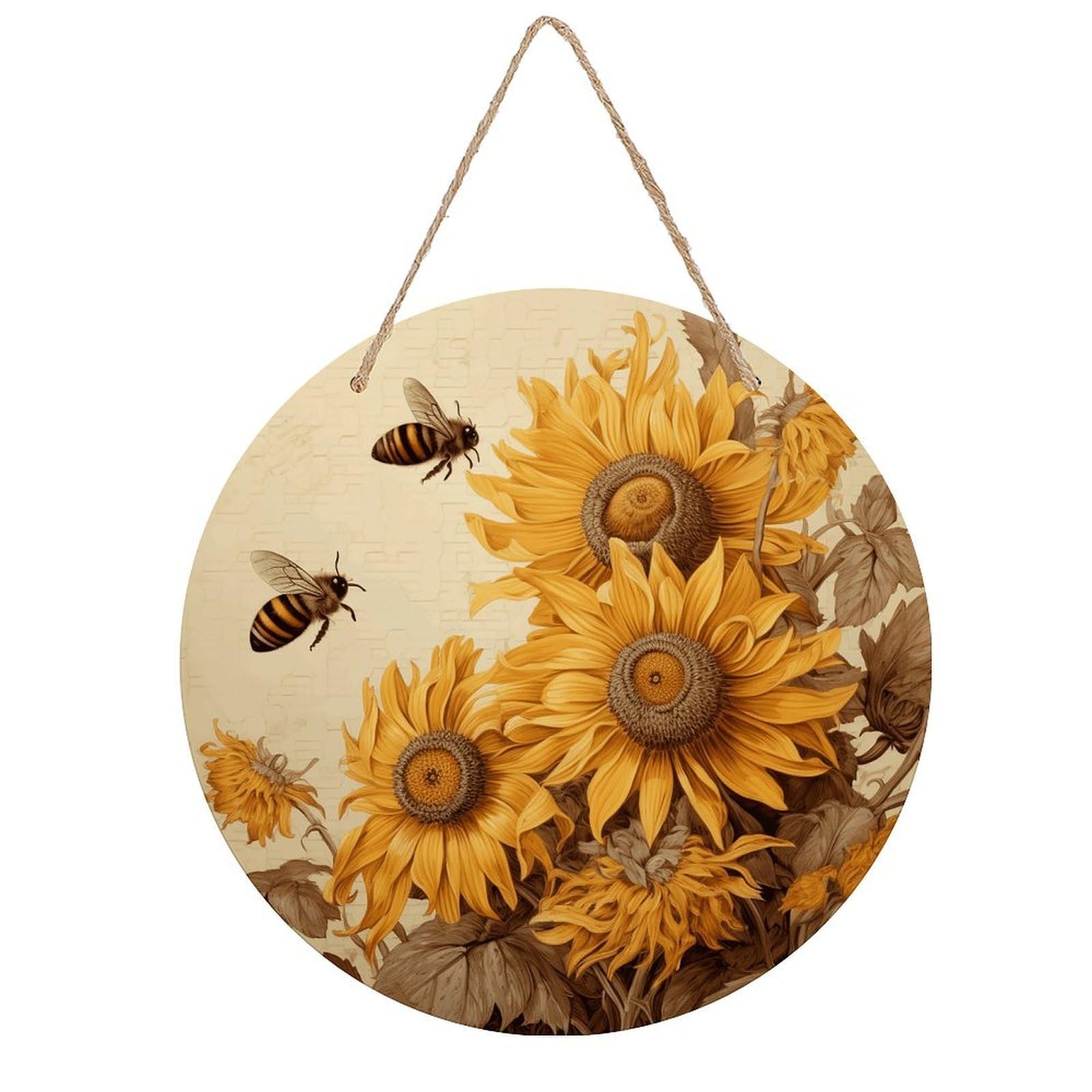 VstaDank Bees And Sunflowers on Old Paper Wall Decor Round Wood Hanging Sign 7.9x7.9 in Wooden Circle Door Hanger with Ropes, Rustic Wall Art Decor for Home Front Door Indoor Outdoor Decoration