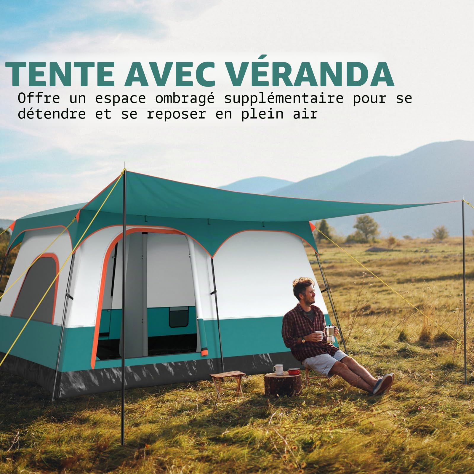 FANTASK Grande Tente avec auvent et Sol, pour 4 à 6 Personnes, 2 pièces et 2 entrées, Tente Tunnel avec Toit Amovible et Sac de Transport, Vert