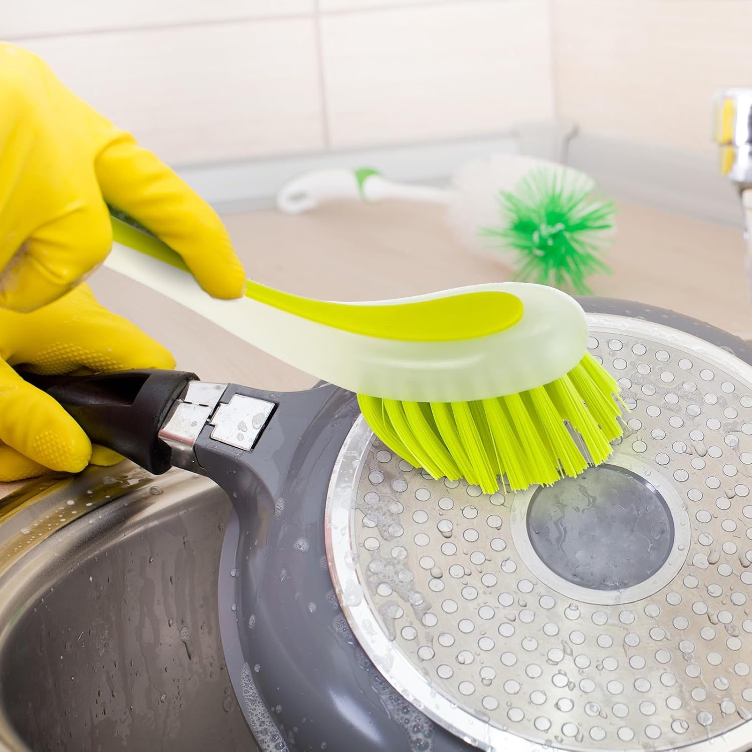 Boao 10 Pieces Long Dish Brush with Handle Assorted Color Dishwashing Brush with Suction Cup Multipurpose Cleaning Tool for Kitchen, Toilet, Etc