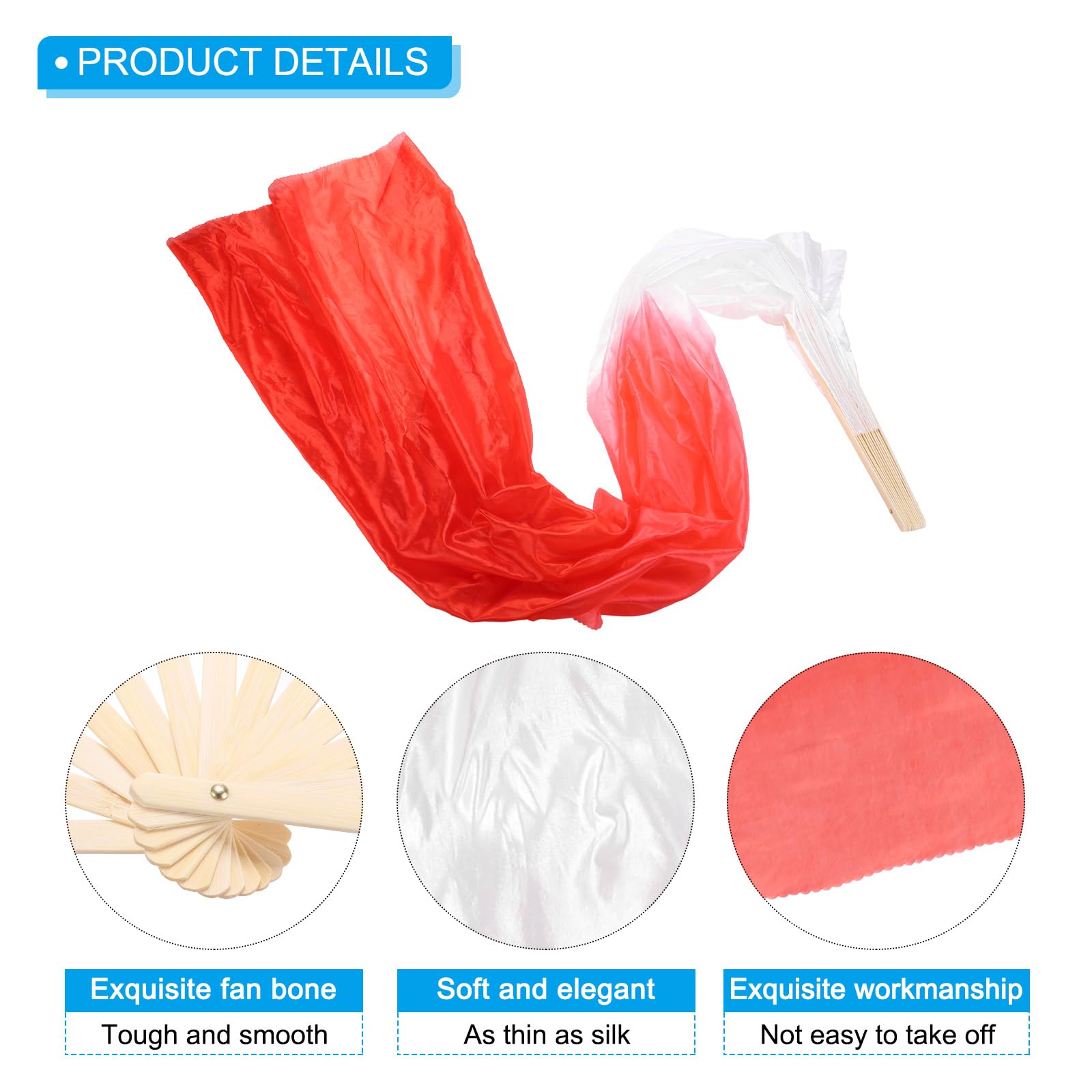 PATIKIL Belly Dance Silk Fan Veil 71", 1 Pack Women Long Folding Dance Fan Wood Fan for Dance Performance Right Hand, White Gradient Red - Image 3