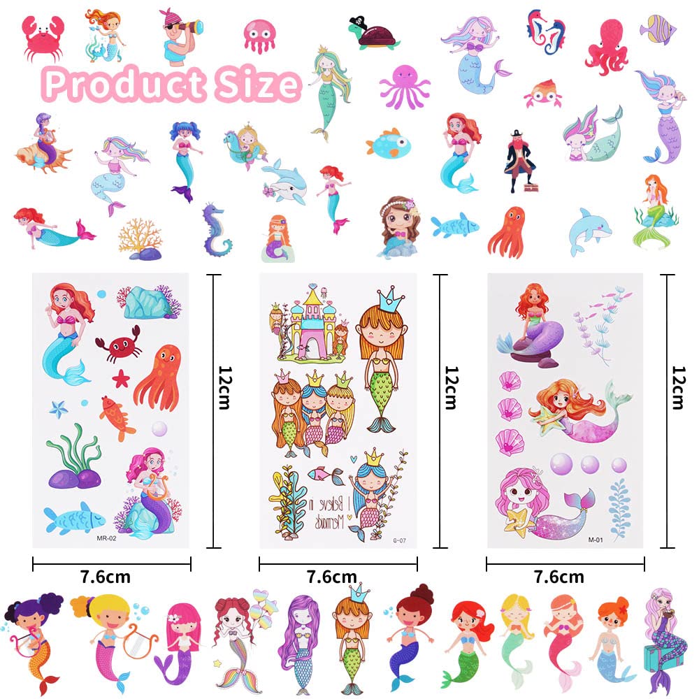 Tatuaggi temporanei per bambini, 10 fogli, set di tatuaggi temporanei, motivo sirena, tatuaggio per bambini, adesivi impermeabili per bambini, ideali per feste di compleanno