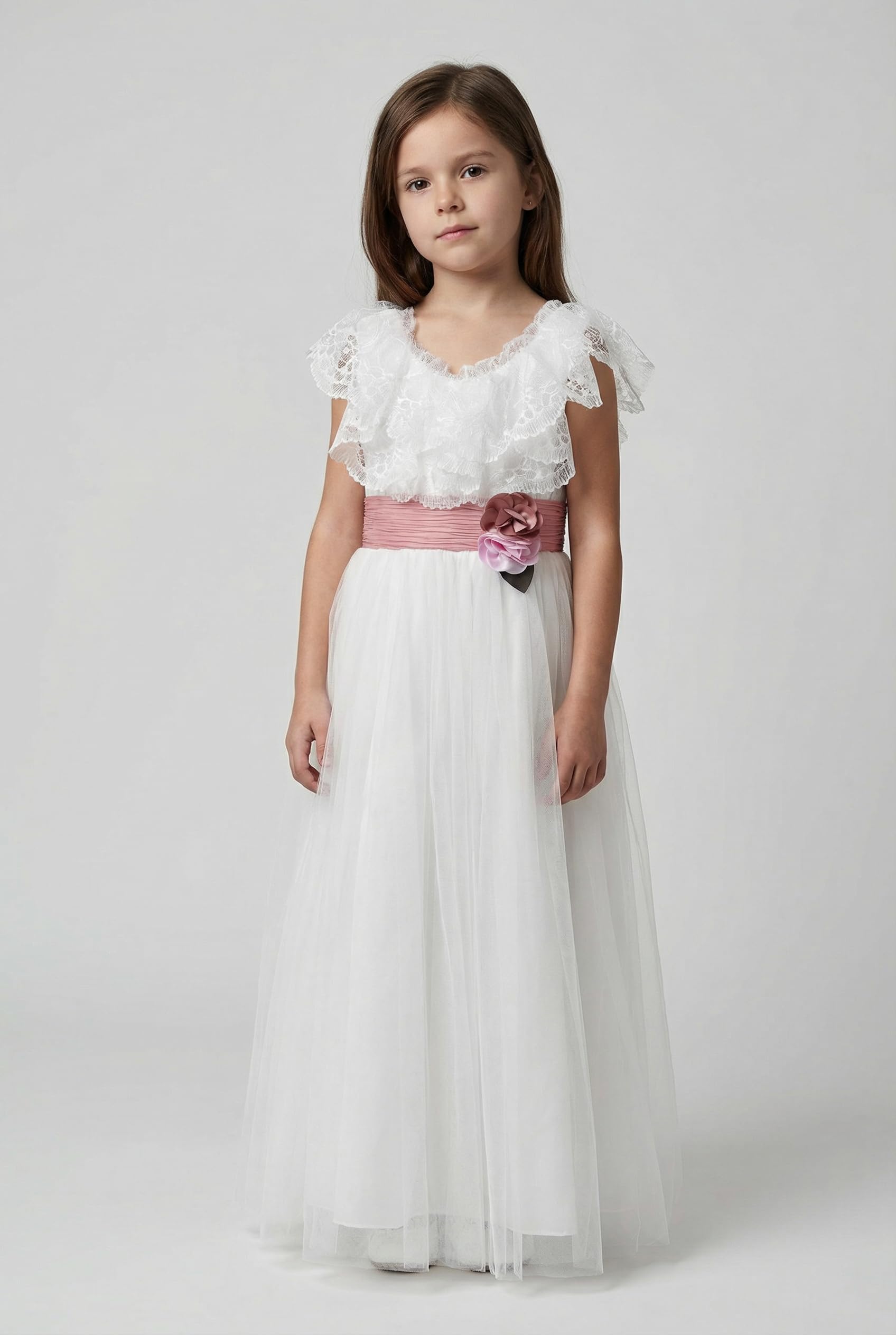 SIRRI Mädchen elfenbeinfarbenes Spitzen-Tüllkleid, Blumenmädchenkleid, bodenlang, Kommunionkleid, Alter 3-12