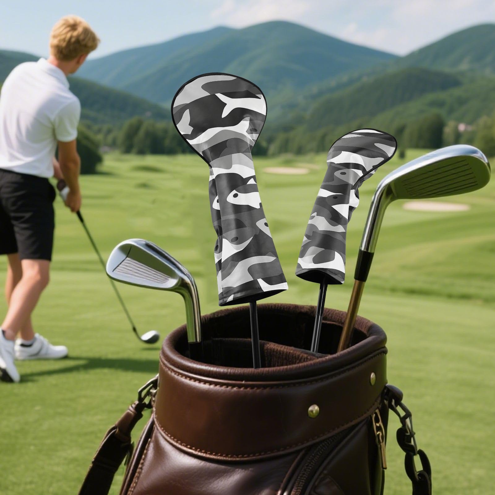 Golfschlägerhauben aus hochwertigem Leder mit austauschbaren Nummern für Fahrer, Fairway-Holz-Hybrid, Schwarz und Weiß, Camouflage, Lachs, 1 Stück