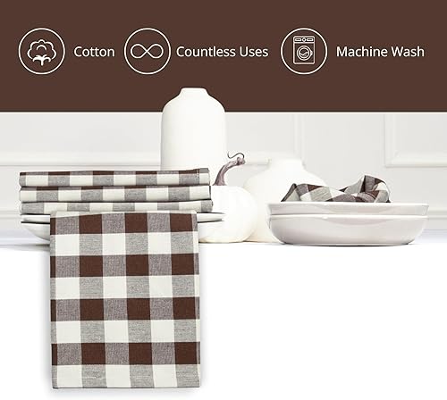 Miniatura 10 de PurpleEssences Servilletas de tela a cuadros de búfalo  Esquinas en inglete  Juego de 12  100% algodón  Reutilizables y lavables  Beige y Blanco