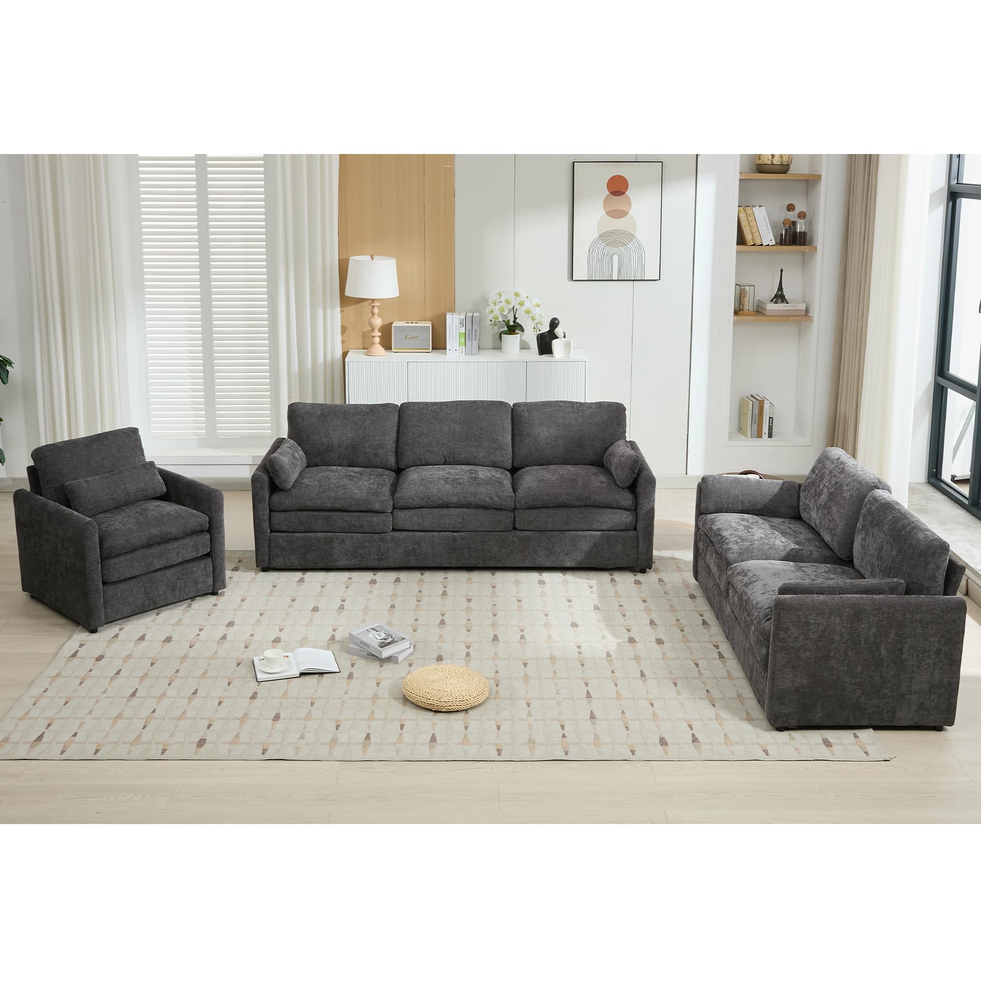 P PURLOVE 3 Pieces Upholstered Sofa Set, Double Cushion for Living Room Home Office (Grey)