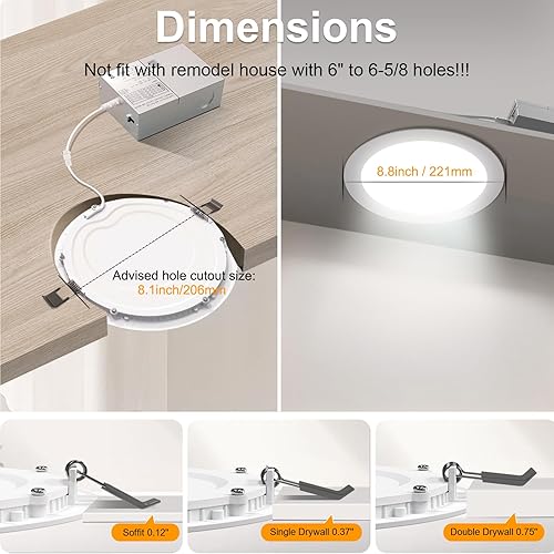 Miniatura 4 de Paquete de 6 luces LED empotradas de 8 pulgadas con caja de conexiones, ultra delgadas, 3000K4500K6000K seleccionables, luz LED regulable sin lata