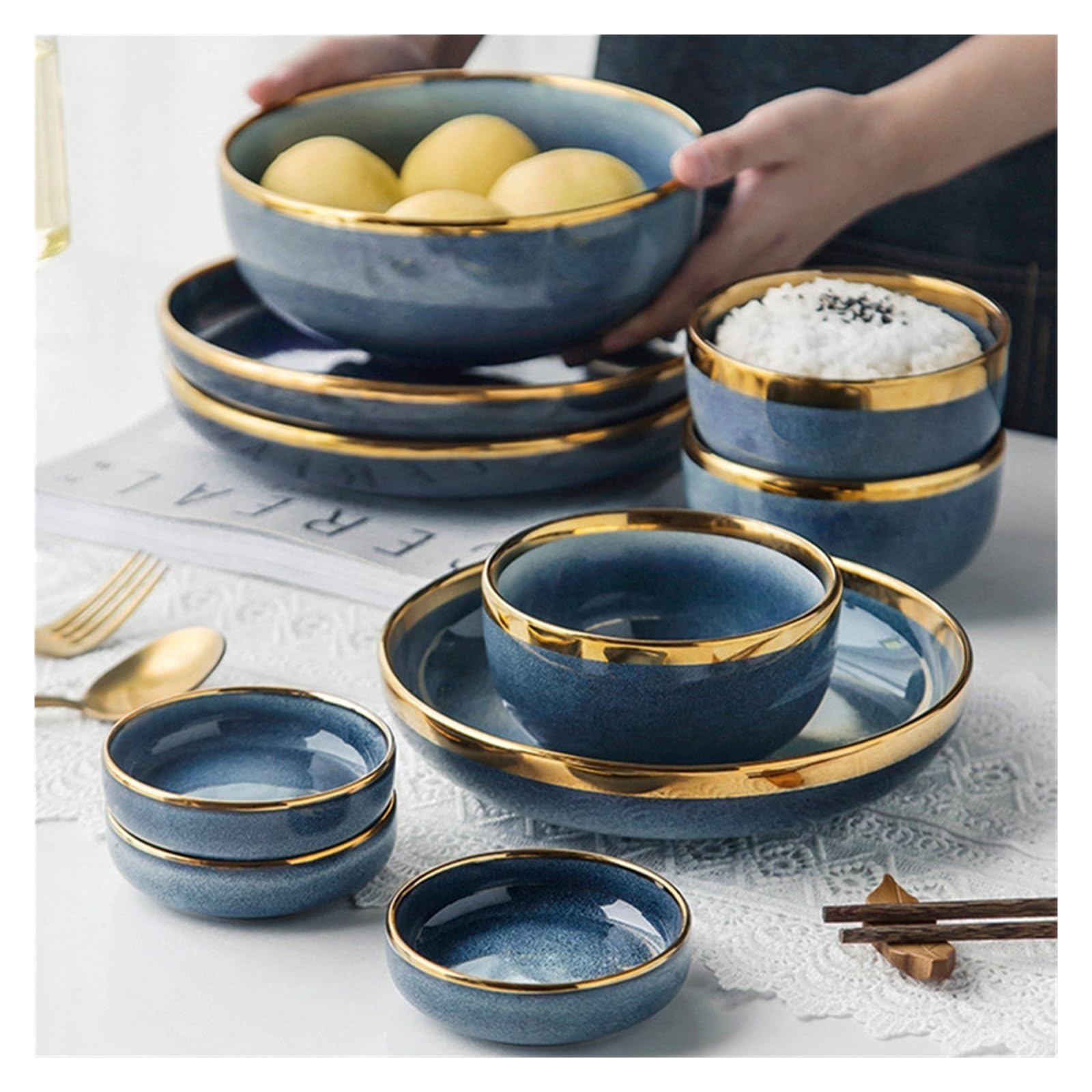 Keramik-Geschirr-Set – 19,1 cm tiefe Teller, Serviergeschirr, Dessertteller, Steakteller, Salat- und Suppenschalen – komplettes Geschirr für Zuhause