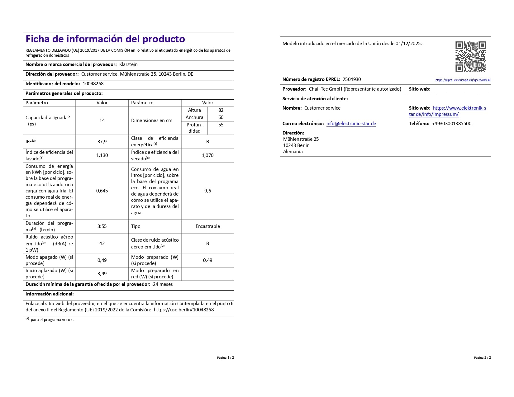 Lavavajillas integrable Luxara de Klarstein - Lavavajillas integrado para 14 cubiertos, 8 programas, protección antifugas AquaStop, lavado ecológico, bajo consumo de agua