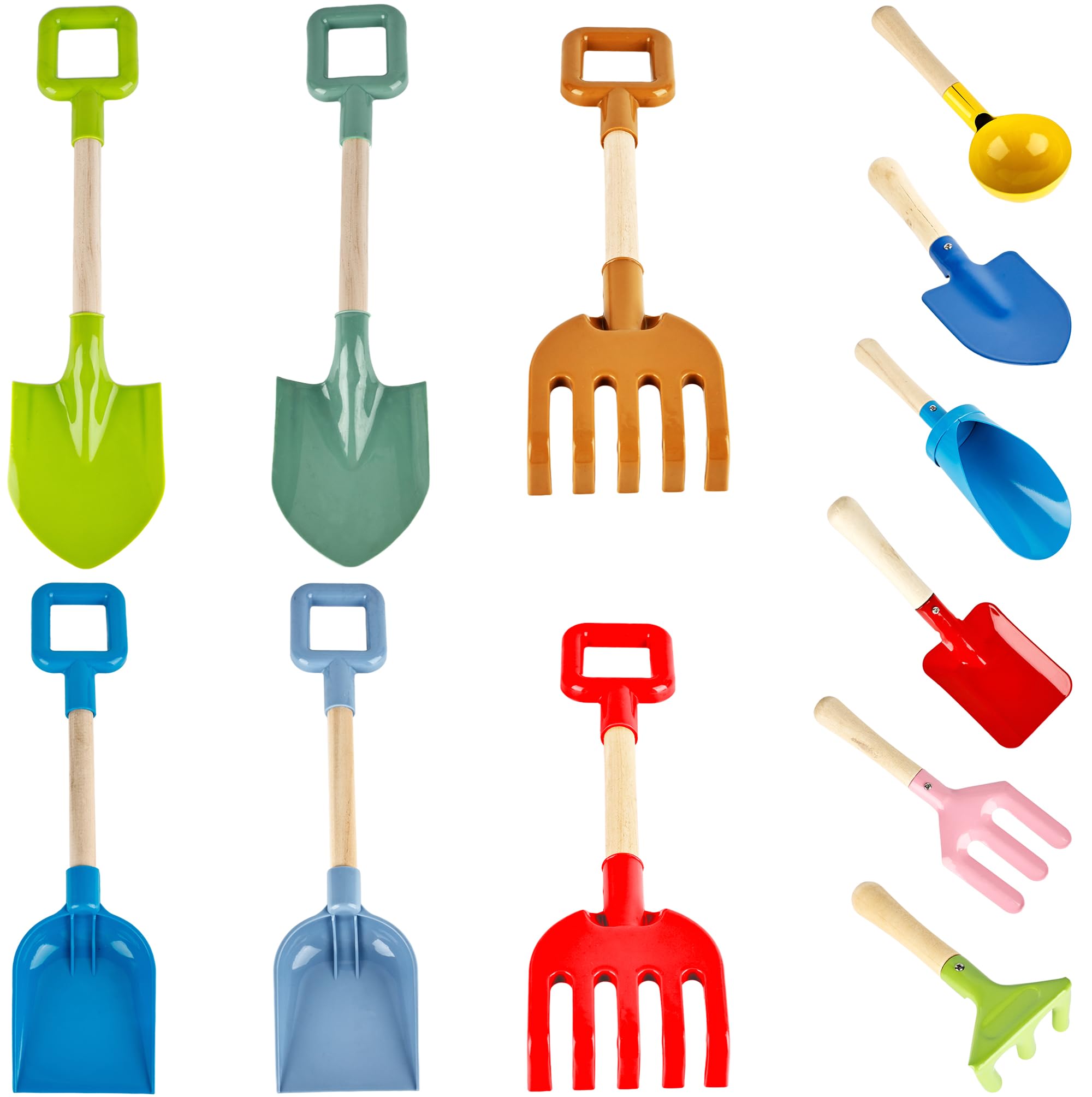12 Pieces Kids Beach Sand Tools Long Beach Shovel Spade Sand with Sturdy Wooden Handle Safe Beach Garden Tools Including Spoon, Fork, Rake, Flat and Pointed Shovel Digging Buckets Gifts for Kids
