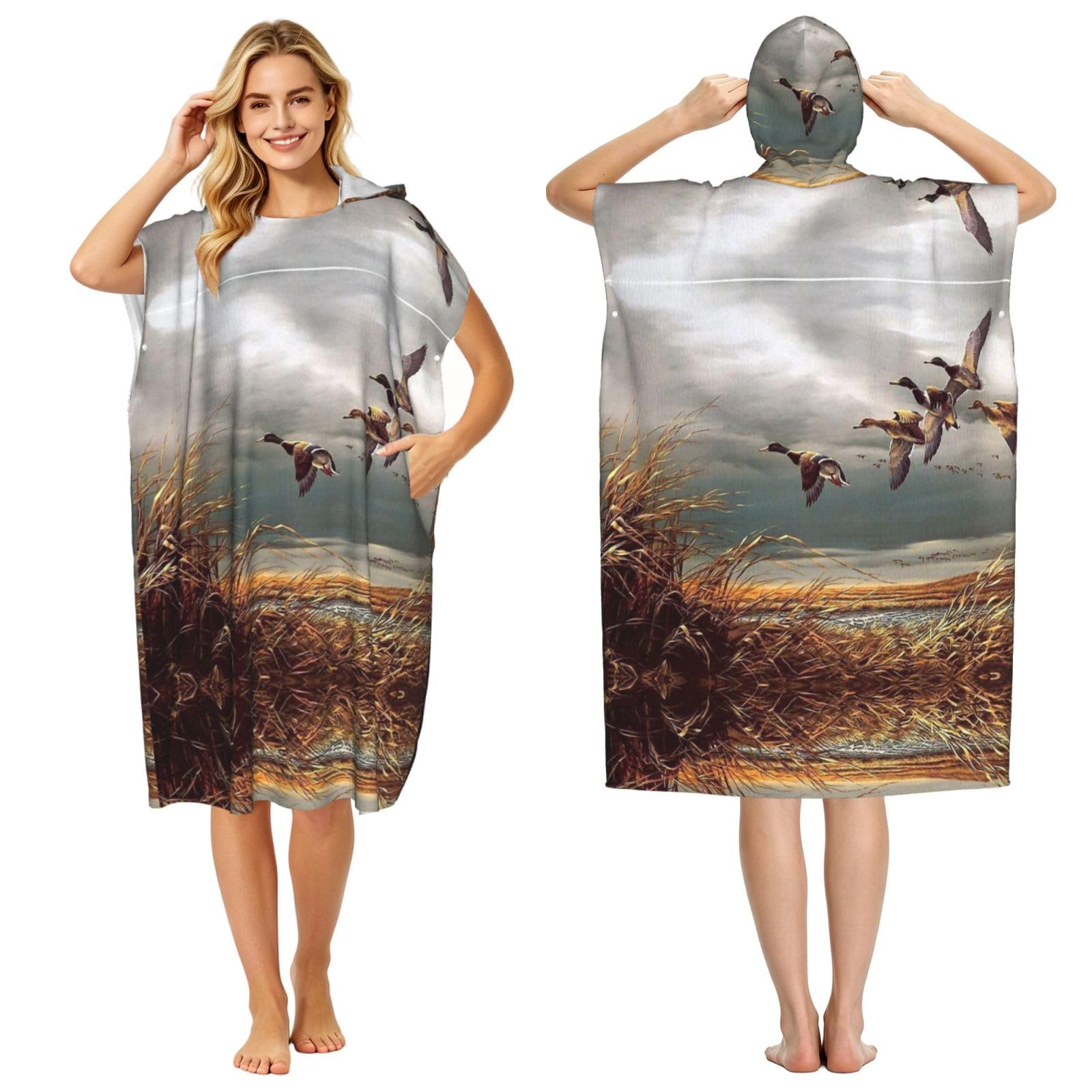 ESNAIUVCD Hunting Flying Wild Ducks Print Changing Robe, Hooded Towel Poncho For Swimming Pool, Beach,Quick Dry Light Weight Towelling Poncho