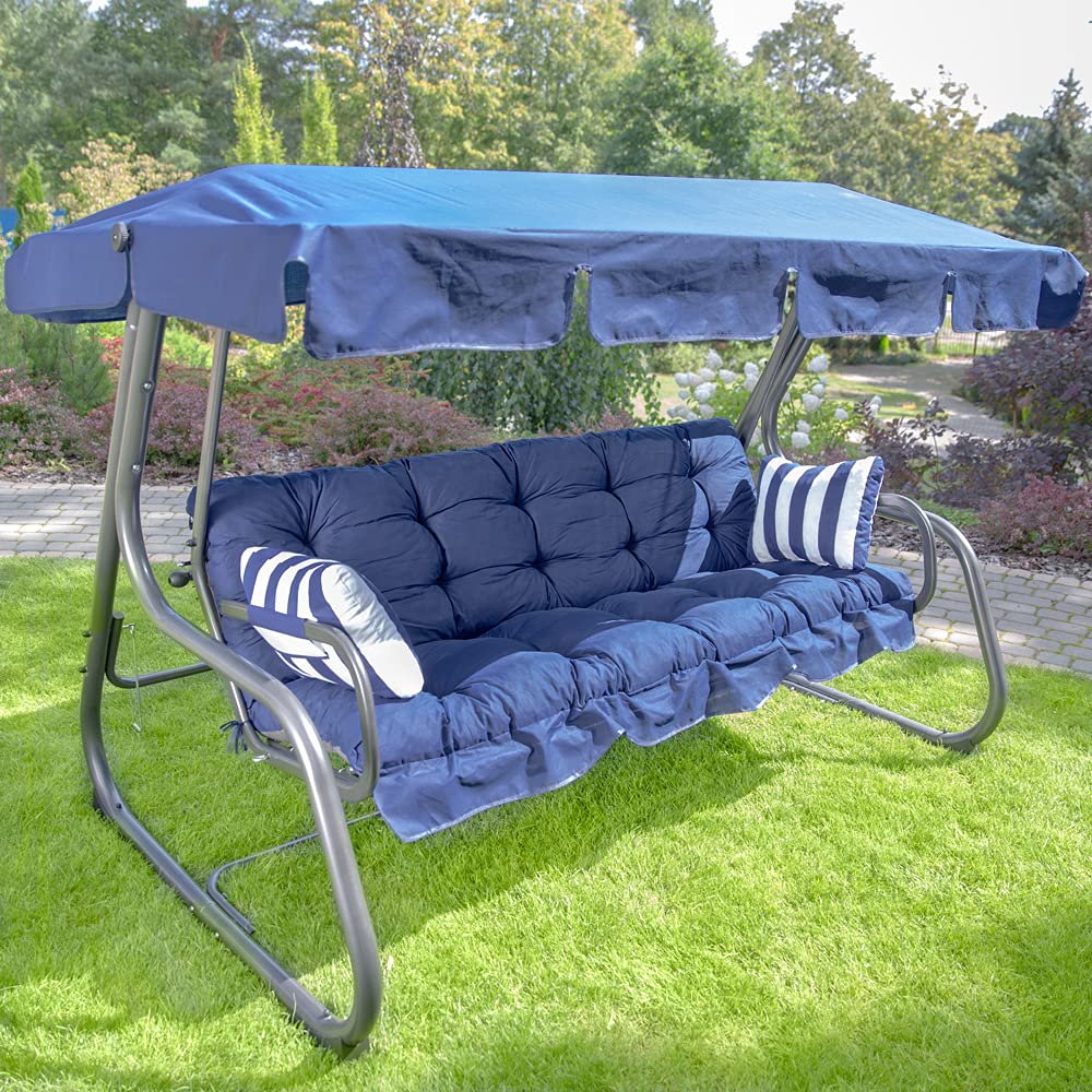 PATIO Parma huśtawka ogrodowa z funkcją leżenia 170 cm z nakładkami, dach przeciwsłoneczny, poduszka boczna, 3-osobowa na rdzeniu sprężynowym, granatowa