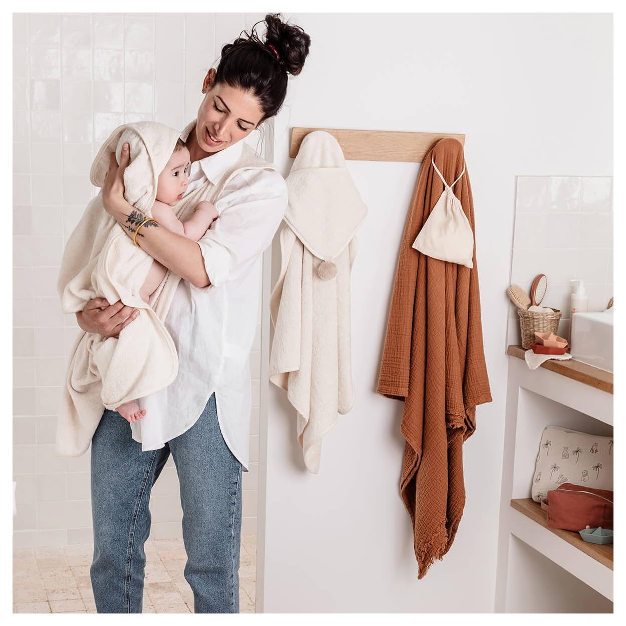 Cape de bain tablier XXL Parent/Bébé en viscose - 100x100 cm - Rose