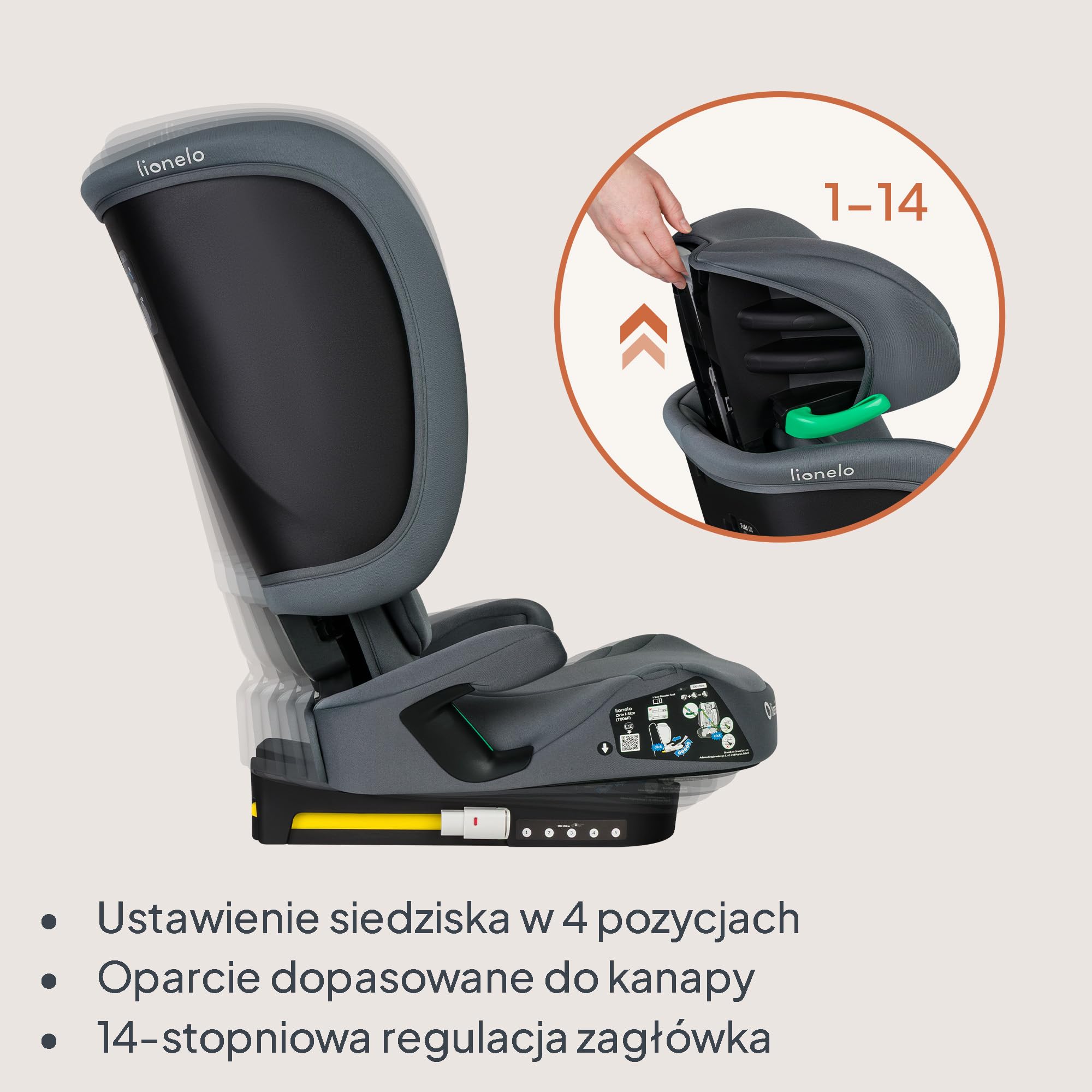 LIONELO Bezpieczny Składany Fotelik Samochodowy I-Size R129 Z ISOFIX Podróżny z Torbą Transportową i Uchwyt Na Kubek 14-Stopniowa Regulacja Zagłówka Regulowane Oparcie dla Dzieci 100–150 Cm 3–12 lat | Od 3,5 do 12 lat, 4 pozycje leżenia, 14-stopniowy zagł