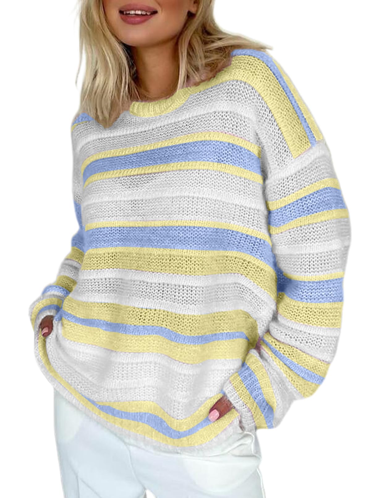 Sidefeel Womens Sweaters 2026 Lightweight Casual Off Shoulder Long Sleeve Crochet Striped Knit Pullover Tops Clothing