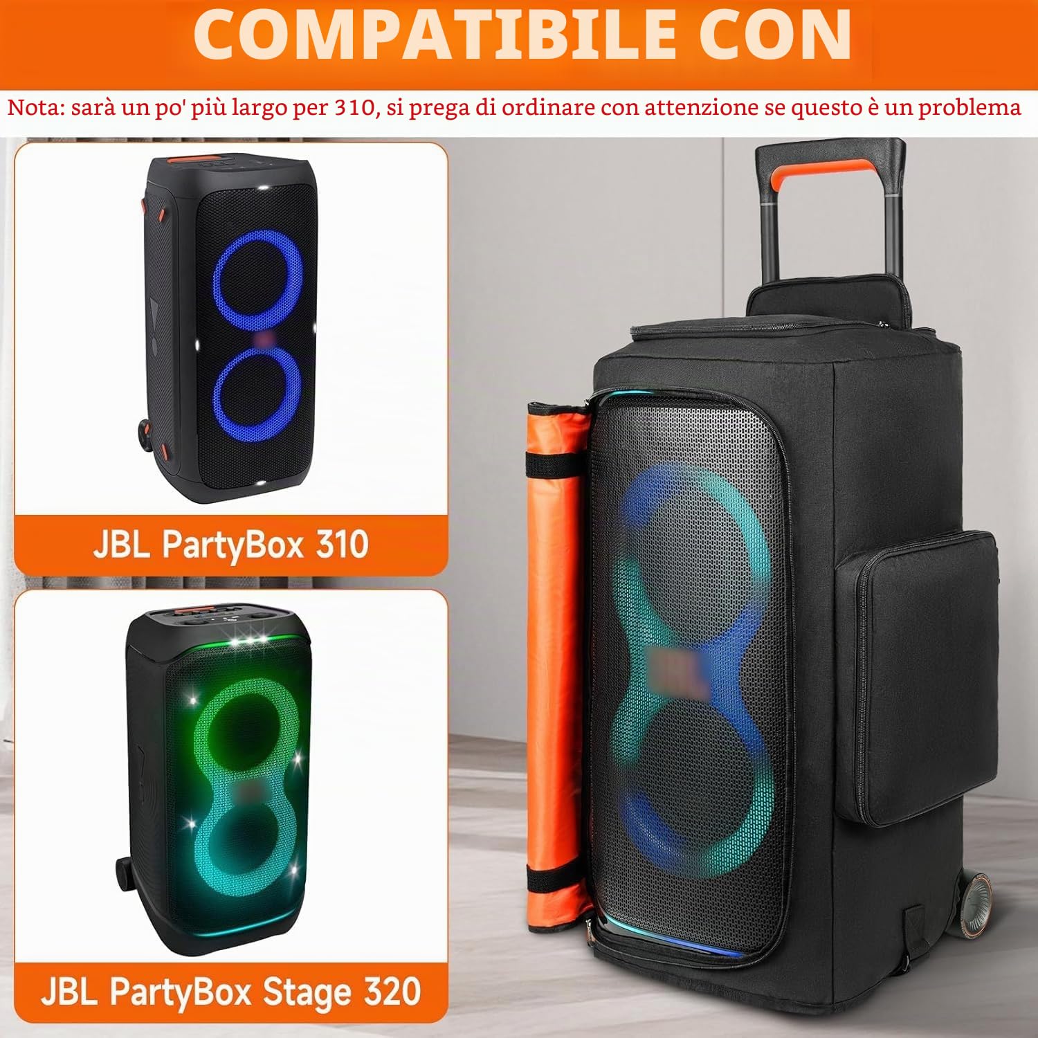 Custodia per altoparlanti compatibile con JBL PartyBox 320, custodia antipolvere per altoparlante portatile, adatta per JBL PartyBox 310, per viaggi all'aperto, nero+arancione, solo copertura