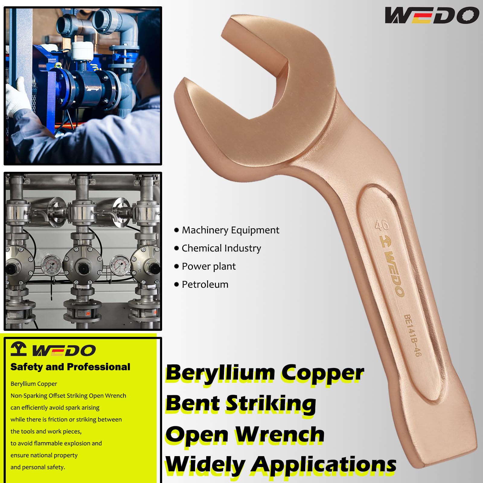 WEDO Llave inglesa de extremo abierto,45 grados,sin chispas,34mm,Métrica,cobre berilio,Largo 210mm,antimagnético,Certificados Bam y FM,Certificación GS