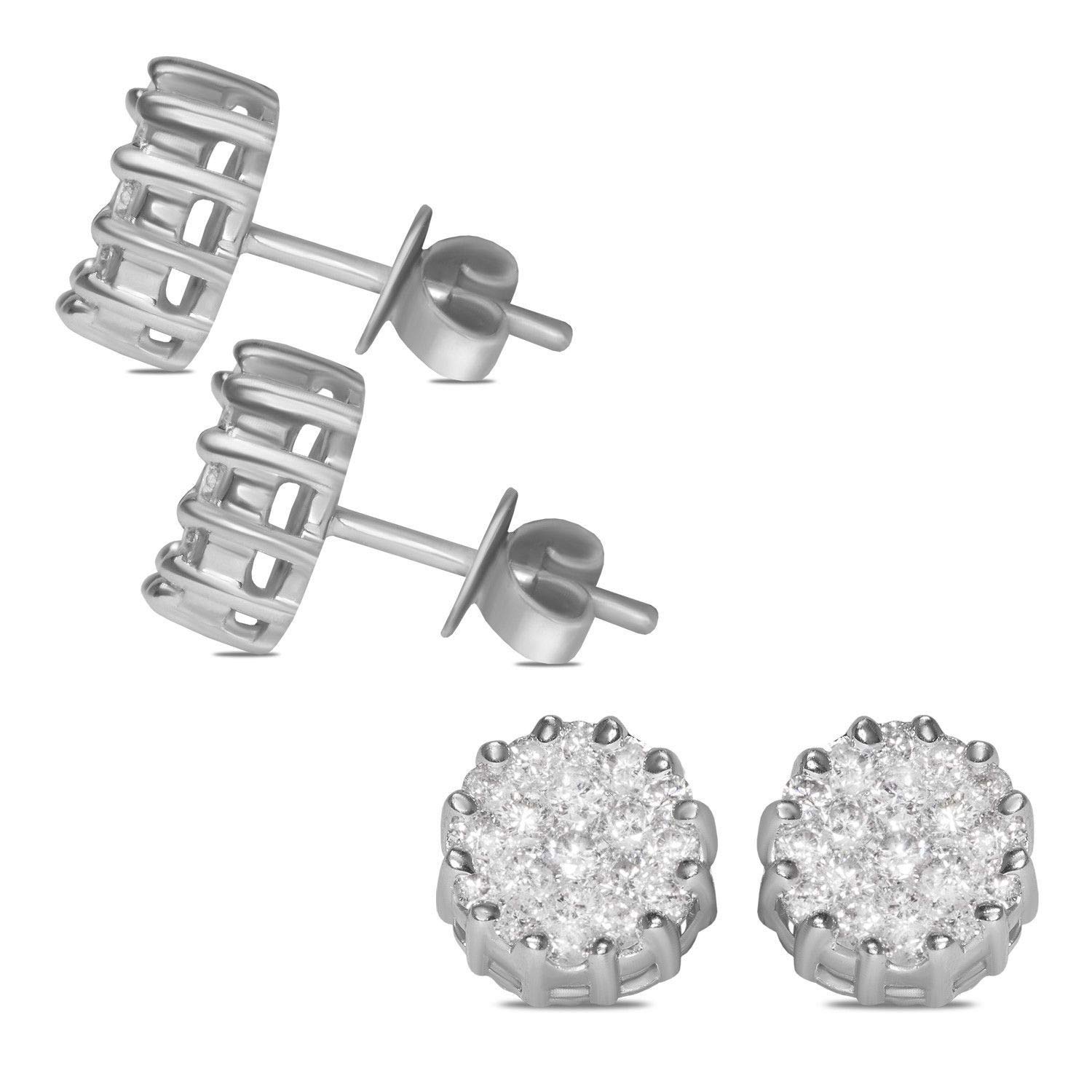 Royal Jewelz 1ct diamond cluster round-shape stud earrings in 14k white gold.