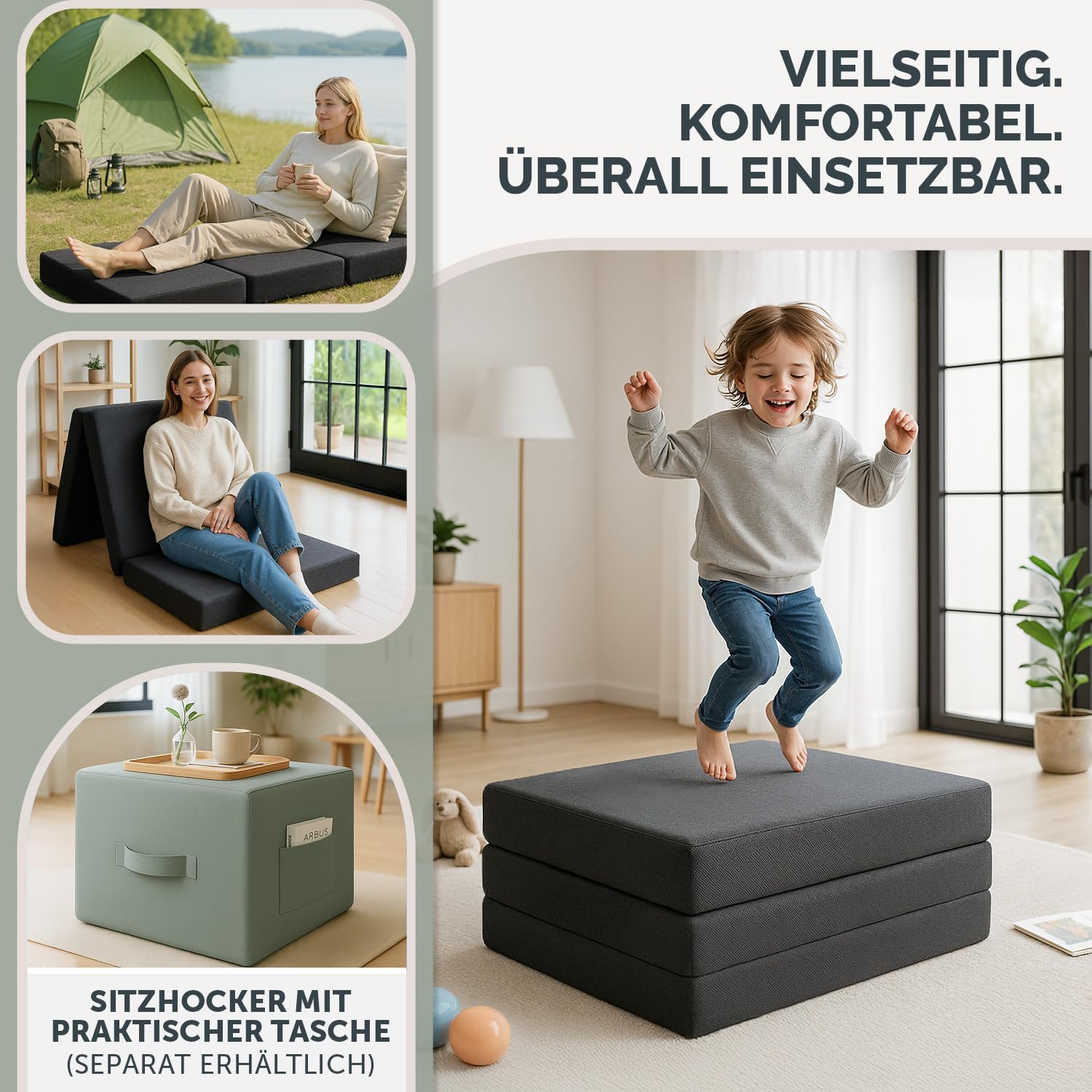 Blumtal Klappmatratze 195x75 cm - rückenfreundliche Faltmatratze Schaumstoff extra dick (15 cm) - 3teilige Gästematratze klappbar - Schlafmatratze + Bezug in Anthrazit hautfreundlich & waschbar