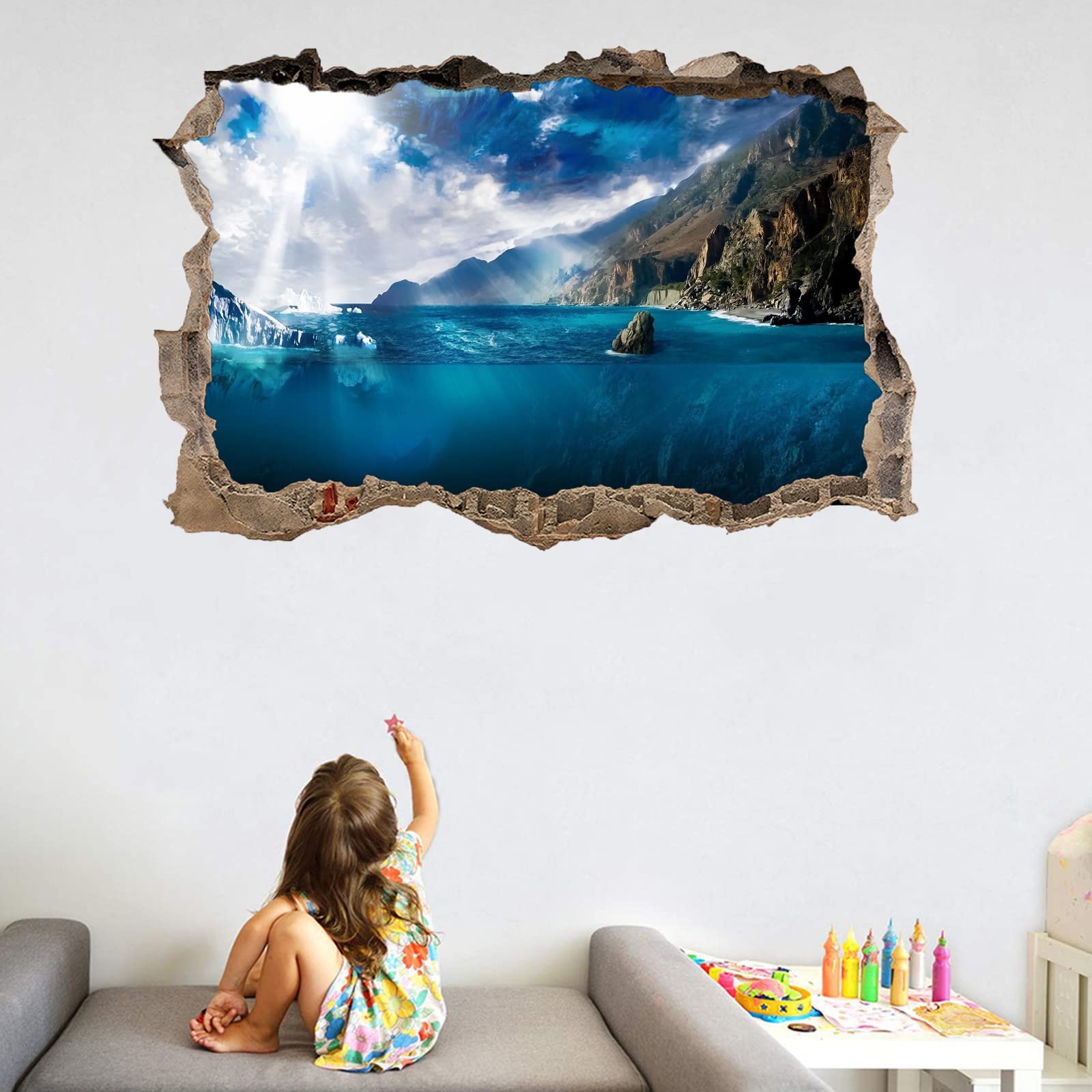 Landschaft Wandtattoos 3D Durchbruch Wandsticker Mauerloch Selbstklebend Wandaufkleber See für Kinderzimmer Schlafzimmer Wohnzimmer 80 cm x 120 cm