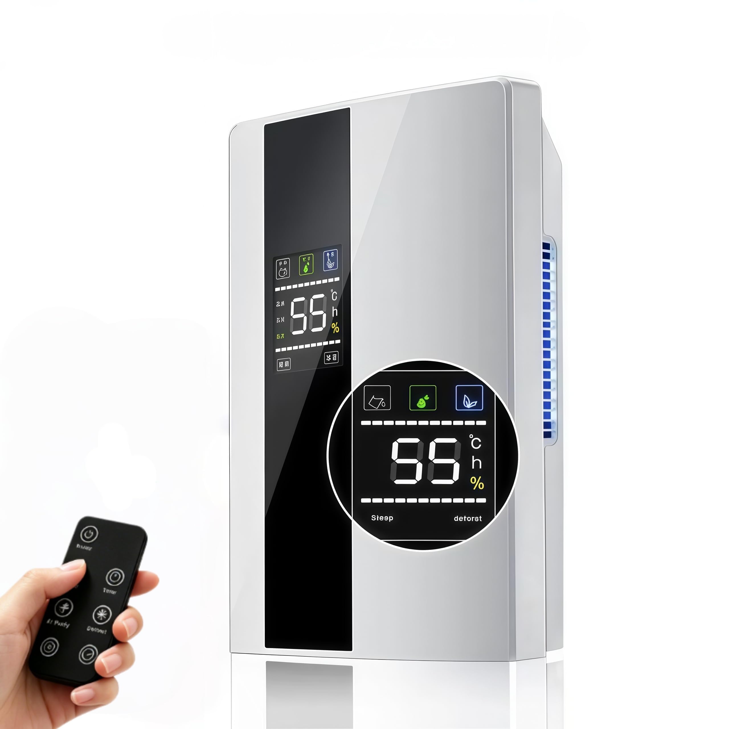 Deumidificatore 2 in 1, deumidificatore e purificatore d'aria, silenzioso, timer, spagaggio automatico, display digitale, telecomando, per camere da letto, adatto fino a 30㎡