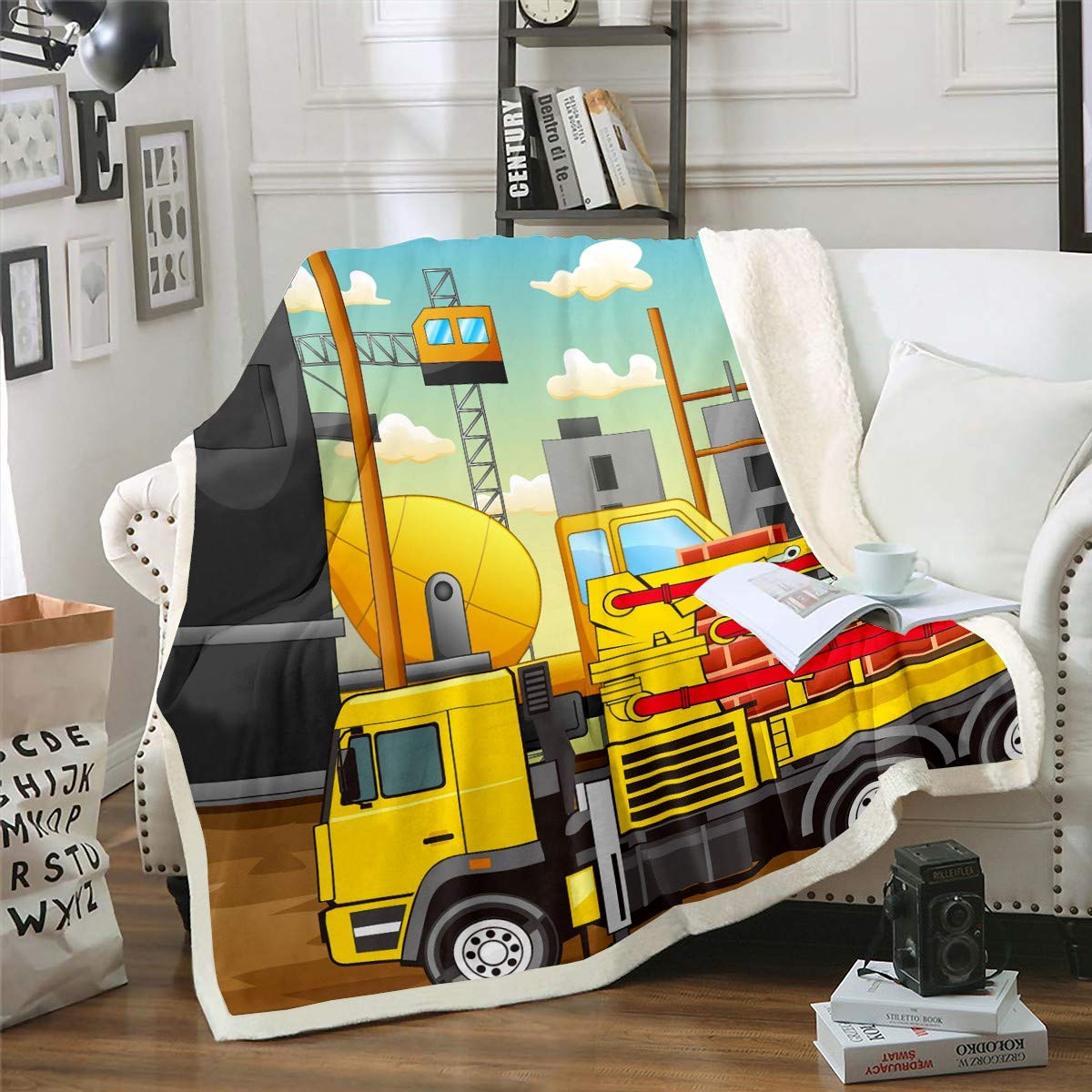 Loussiesd Car Fleece Throw Blanket for Bed Couch Sofa Children Construction Site Truck Decorative Cartoon Machinery Cars Sherpa Blanket Equipment Trucks King 87"*94"