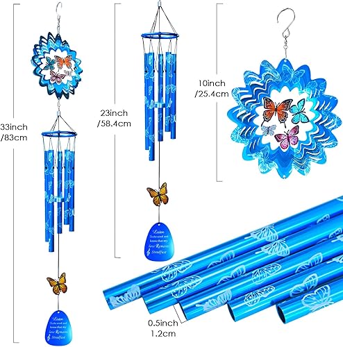 Miniatura 5 de Campanillas de viento de mariposa de 33 pulgadas para exteriores  Carillón de viento conmemorativo de condolencias de tono profundo con giratorio