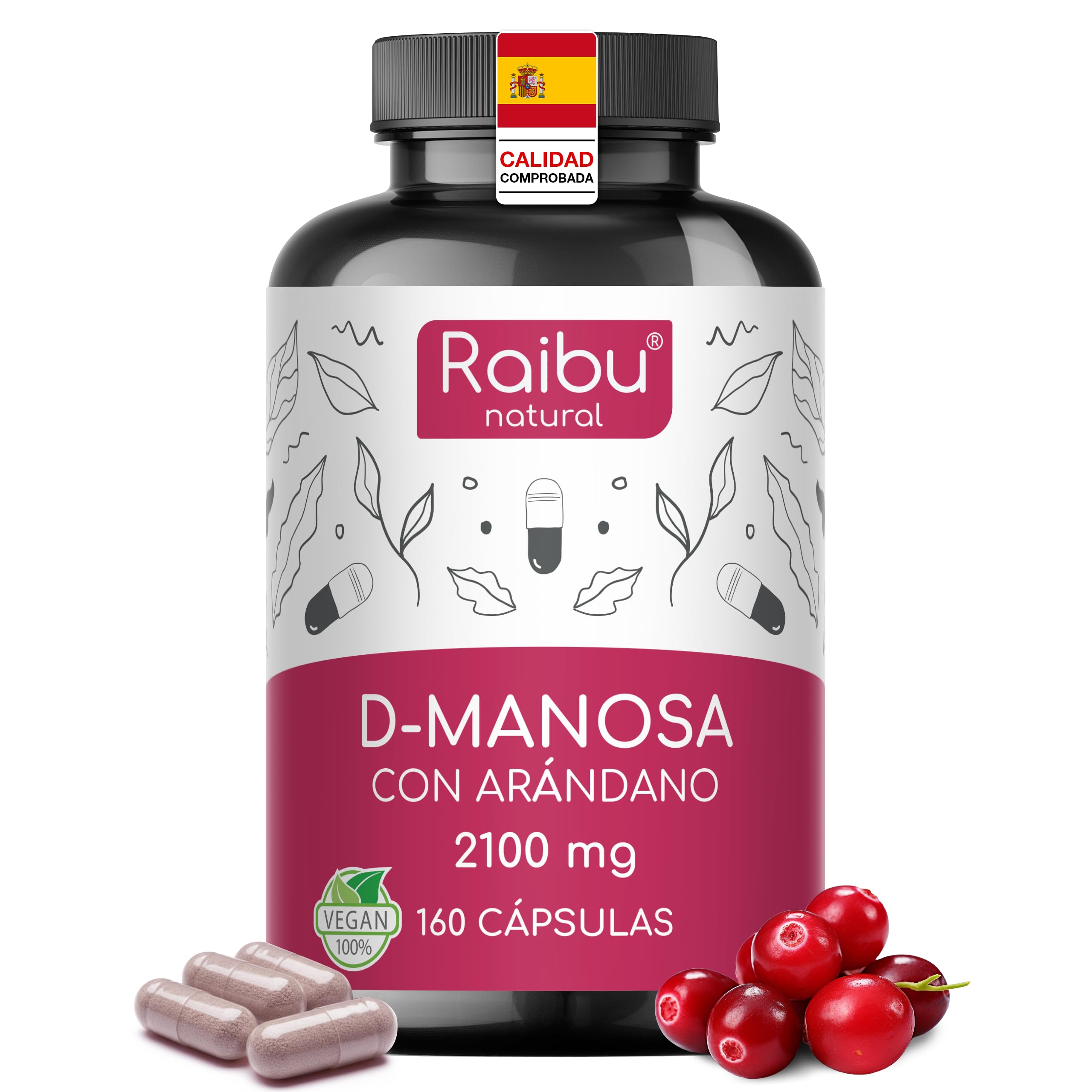 D-Manosa Raibu - 2100 mg alta dosis por día - 160 cápsulas - Con arándano rojo y