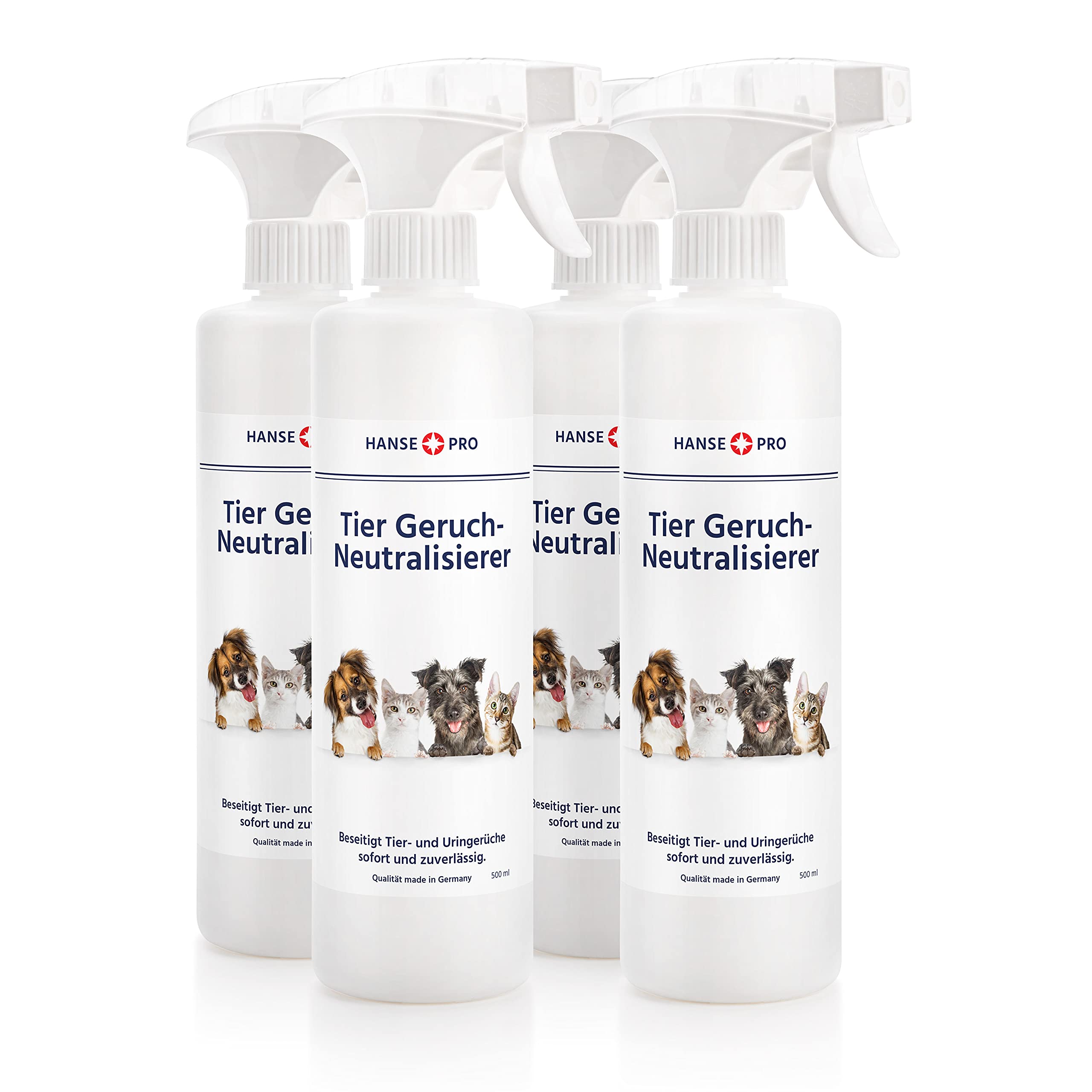 Hanse Pro Tier Geruch-Neutralisierer, 4 x 500 ml I Geruchs-Entferner I Fleckenentferner I Geruchskiller I beseitigt Gerüche von Tieren, Katzen-Urin, Hunde-Urin
