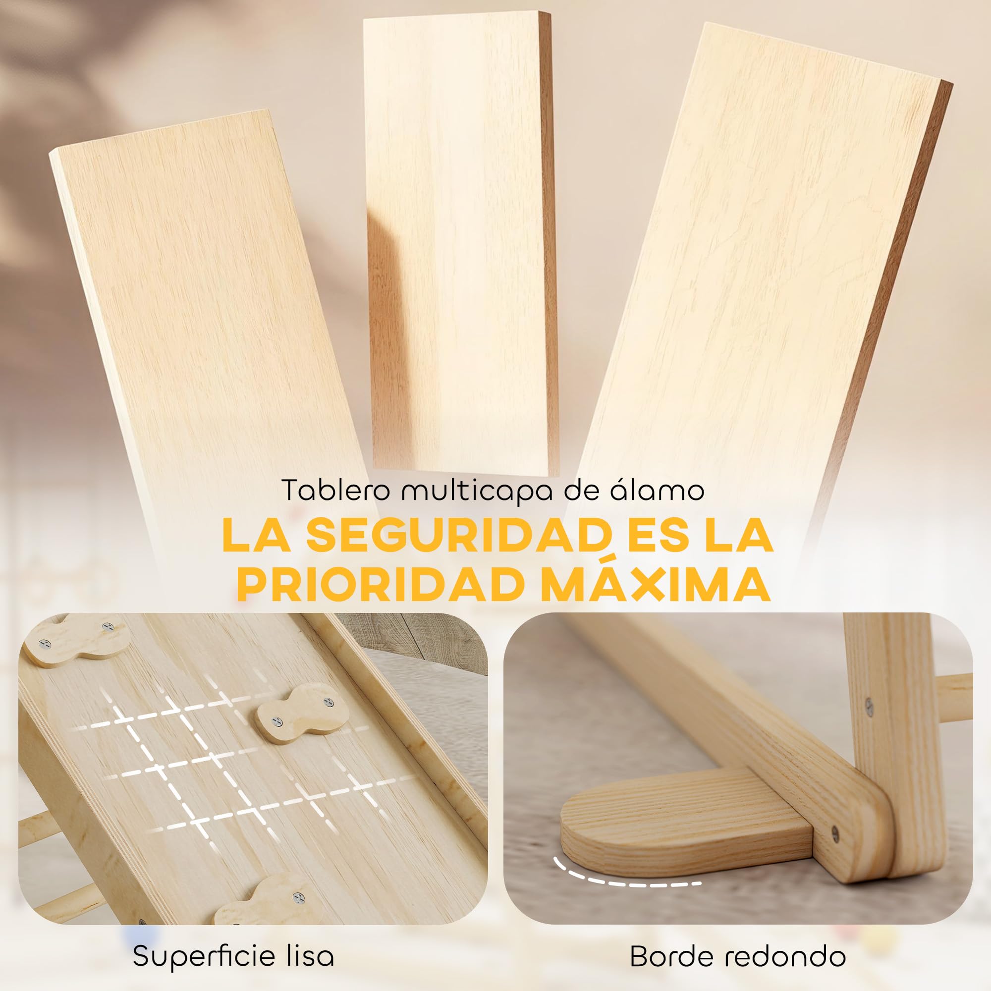 AIYAPLAY 6 en 1 Triángulo de Escalada Montessori, Estructura de Escalada de Madera con Plataforma, Anillos y Tobogán, para Deslizarse o Escalar, para Niños de 18-48 Meses, Interiores, Natural