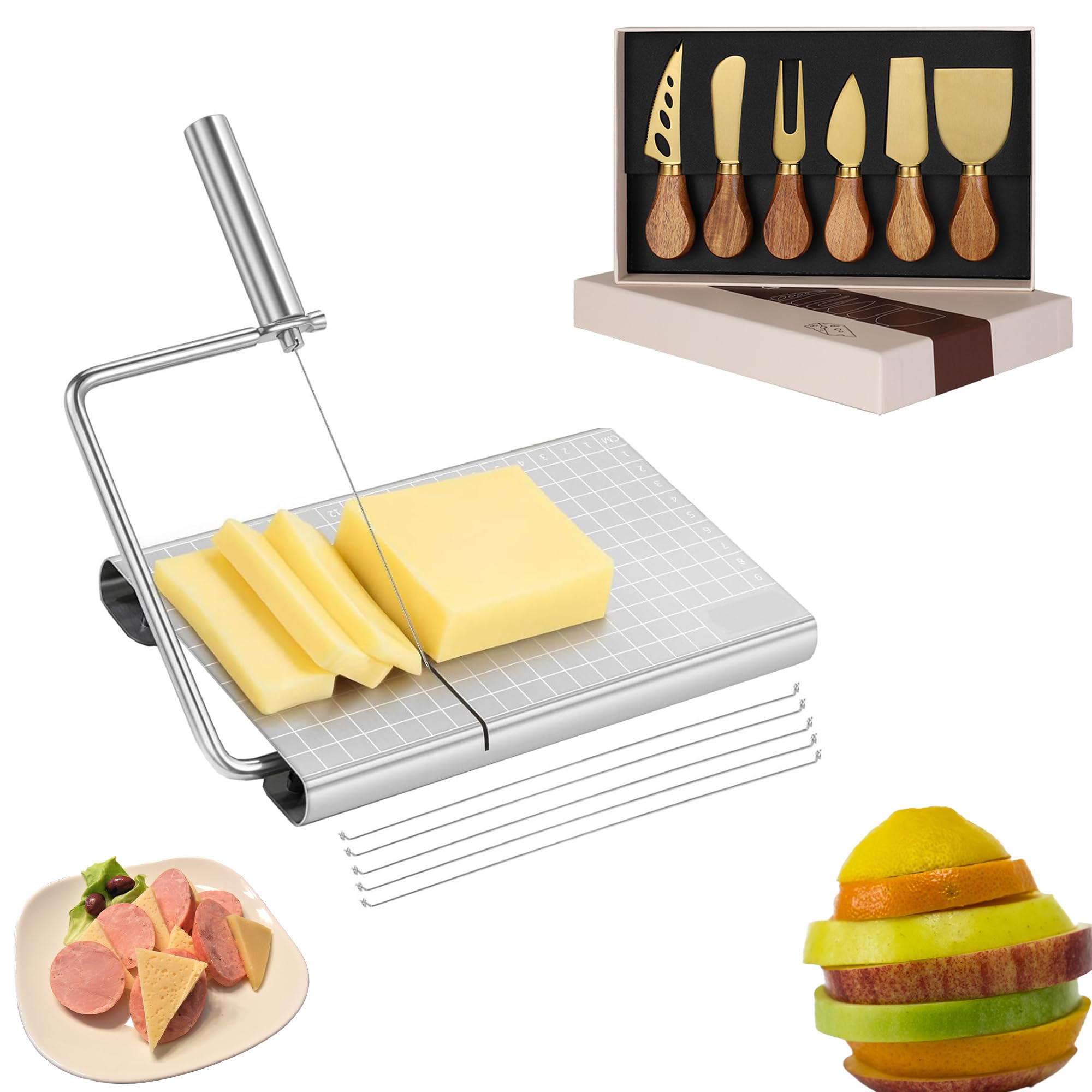 Genérico Tabla de Quesos Premium con Cortador de Queso y 5 Hilos de Repuesto,Set de Cuchillos para Queso de Acacia y Acero Inoxidable,Tabla Charcutería con Caja de Regalo,21.1×13×2.5 cm