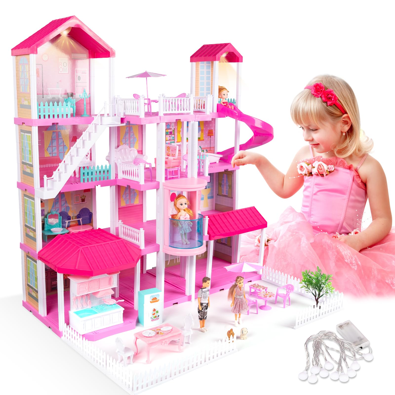 Taotique Dream Doll House Pink Girl Toys - 4 Stories 10 Rooms Dollhouse with 2 Princesses Dolls,Slide, Play House with Accessories, Toddler Playhouse Toy for Kids Ages (10 Rooms)