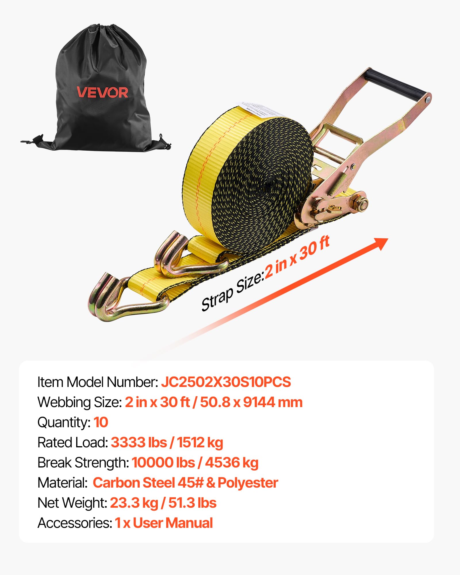 VEVOR Correas de Trinquete, 50,8 mm x 9,1 m, con Gancho Doble en J, Resistencia a la Rotura de 4536 kg, para Mudanzas, Remolques, Motocicletas, Kayaks, Techo de Automóviles, Paquete de 10 uds